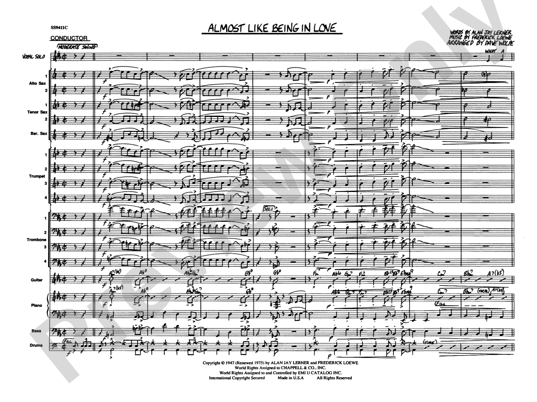 Almost Like Being in Love: Vocal Solo with Jazz Ensemble Conductor Score & Parts