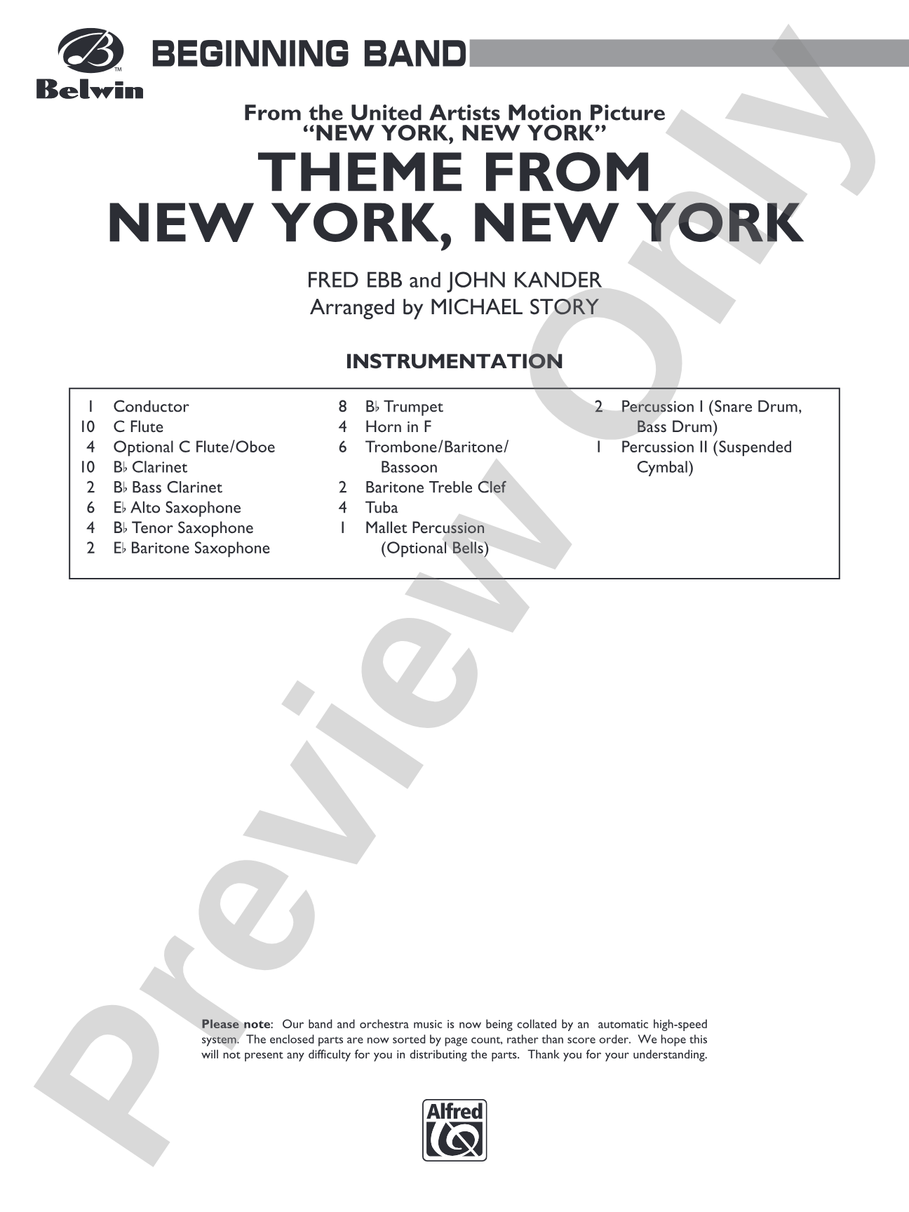 New York, New York, Theme from: Concert Band Conductor Score & Parts