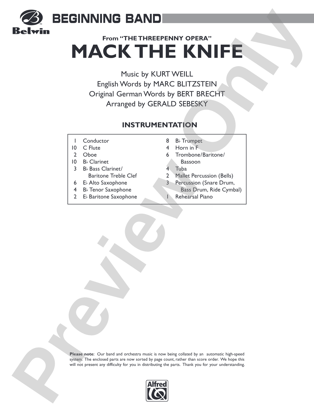 Mack the Knife (from The Threepenny Opera): Concert Band Conductor Score & Parts