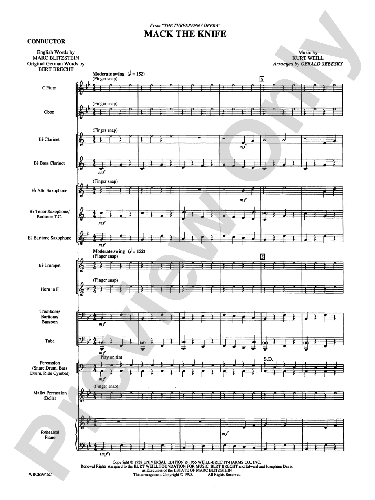 Mack the Knife (from The Threepenny Opera): Concert Band Conductor Score & Parts