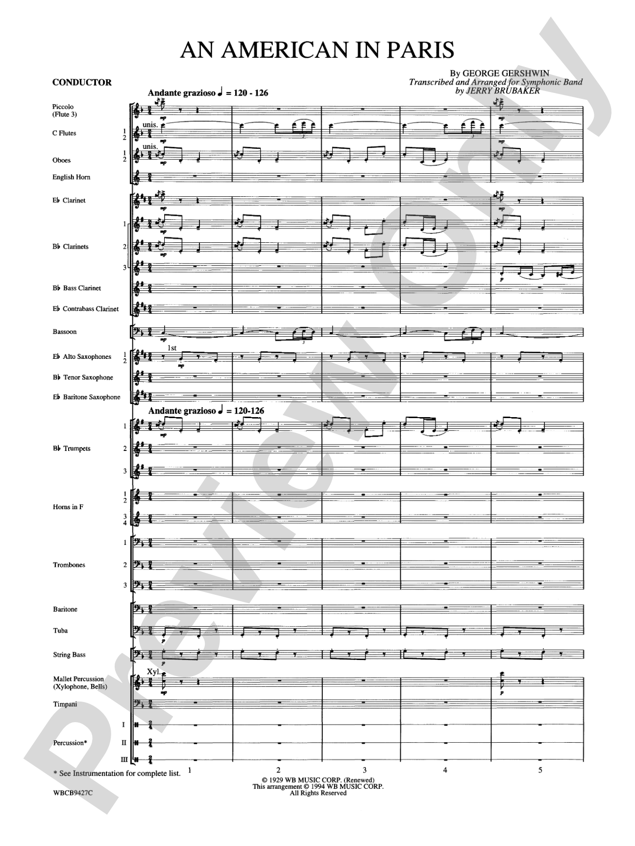 An American in Paris: Concert Band Conductor Score & Parts