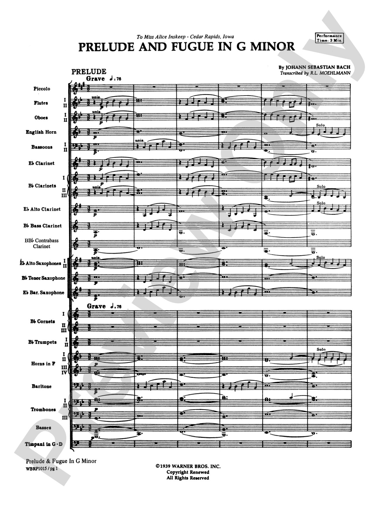 Prelude and Fugue in G Minor: Concert Band Conductor Score & Parts