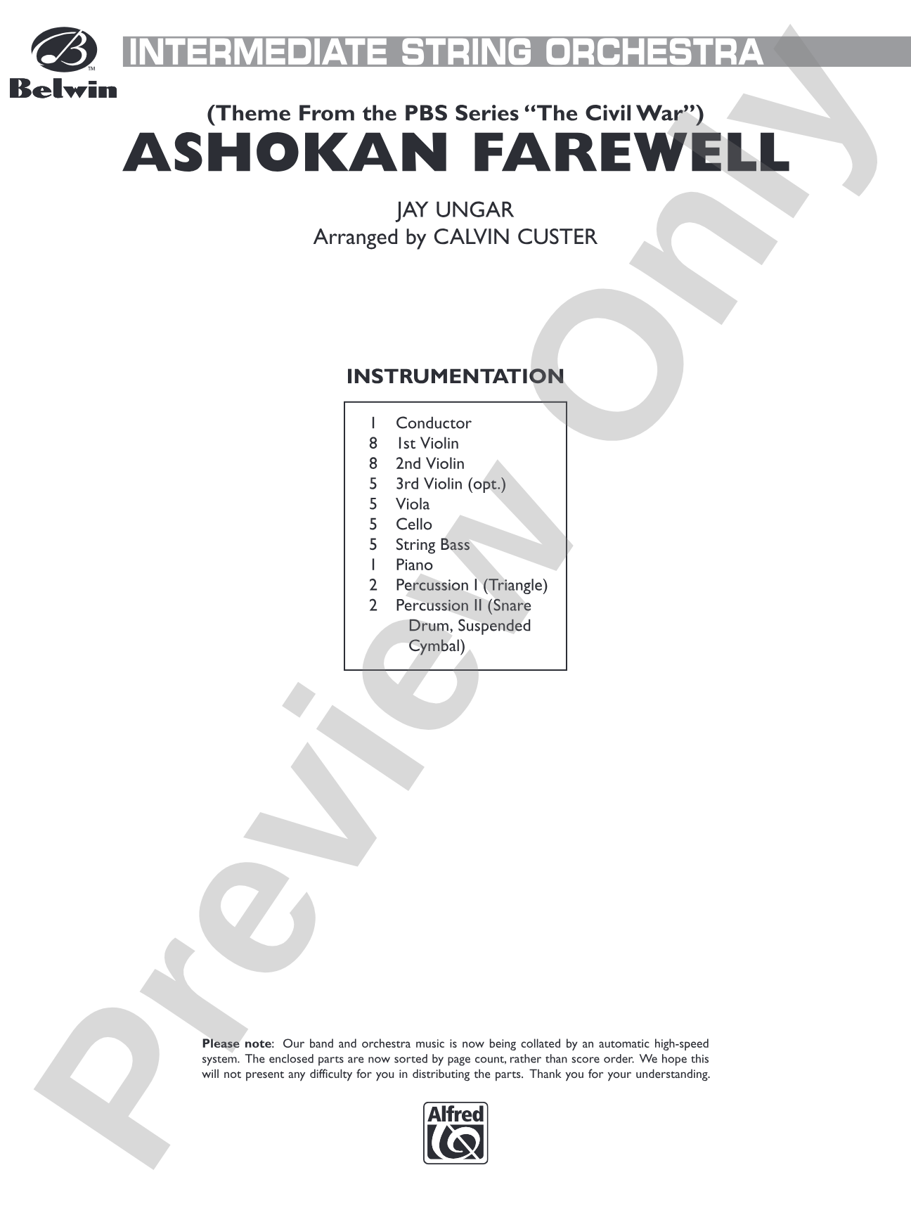 Ashokan Farewell (from "The Civil War"): String Orchestra Conductor Score & Parts