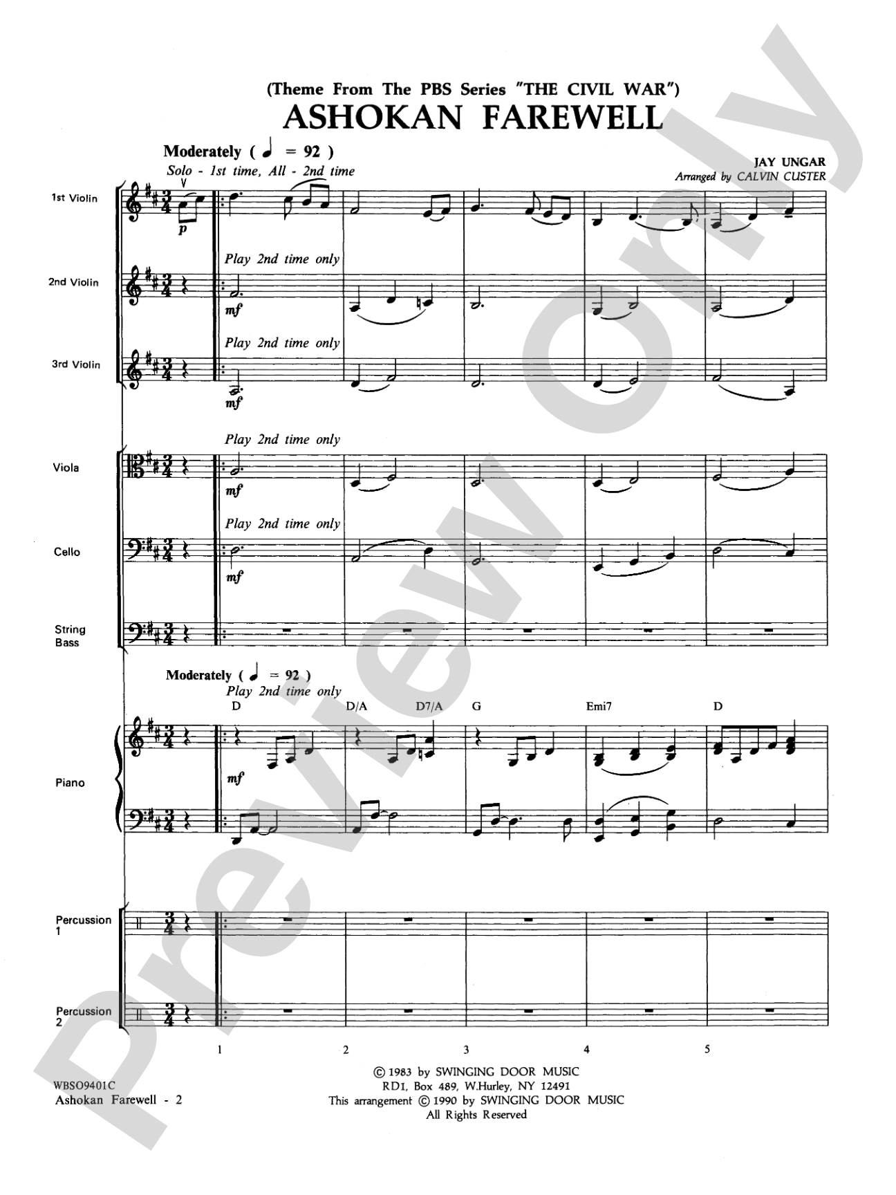 Ashokan Farewell (from "The Civil War"): String Orchestra Conductor Score & Parts