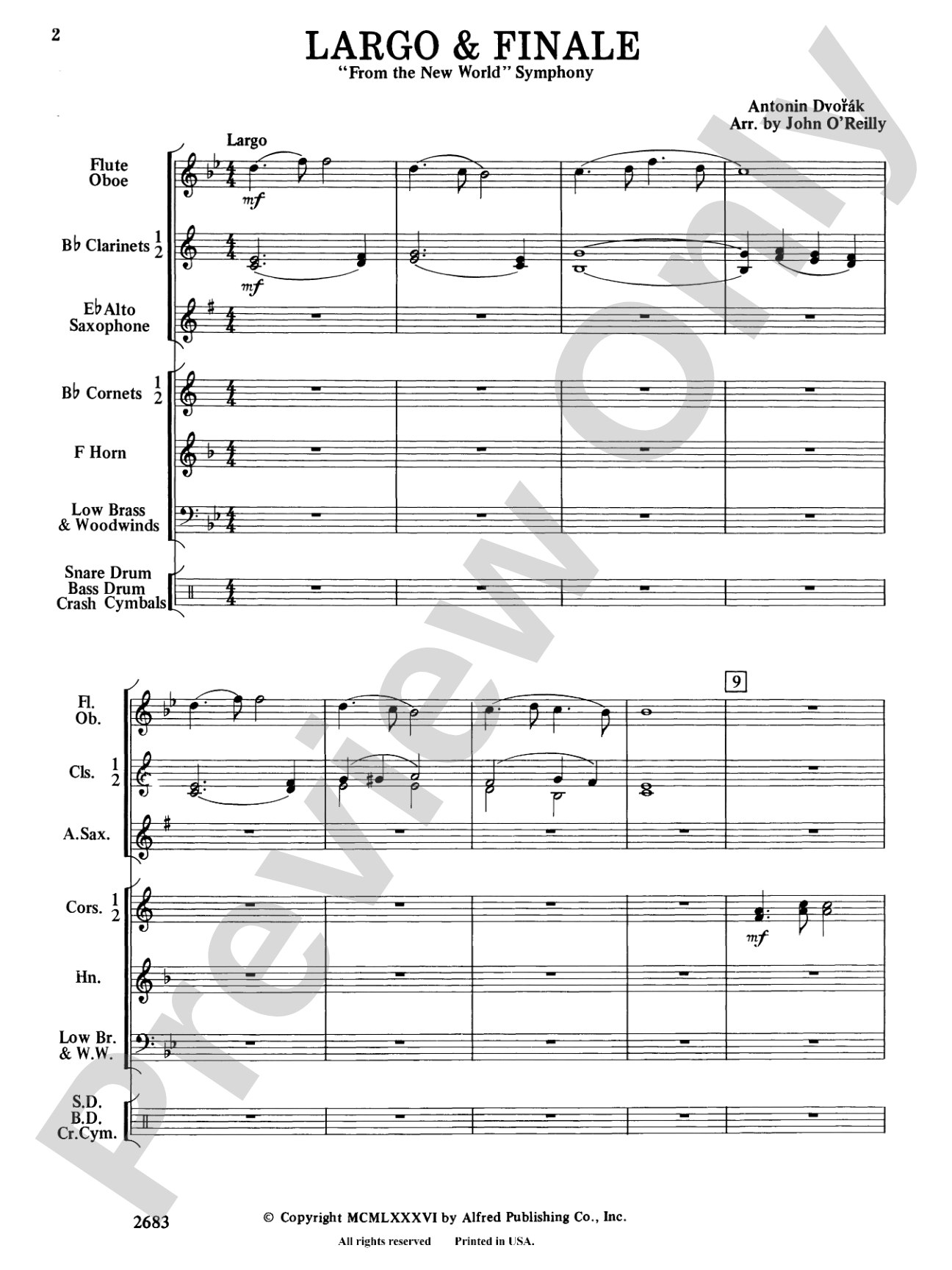 Largo and Finale from the New World Symphony: Concert Band Conductor Score & Parts
