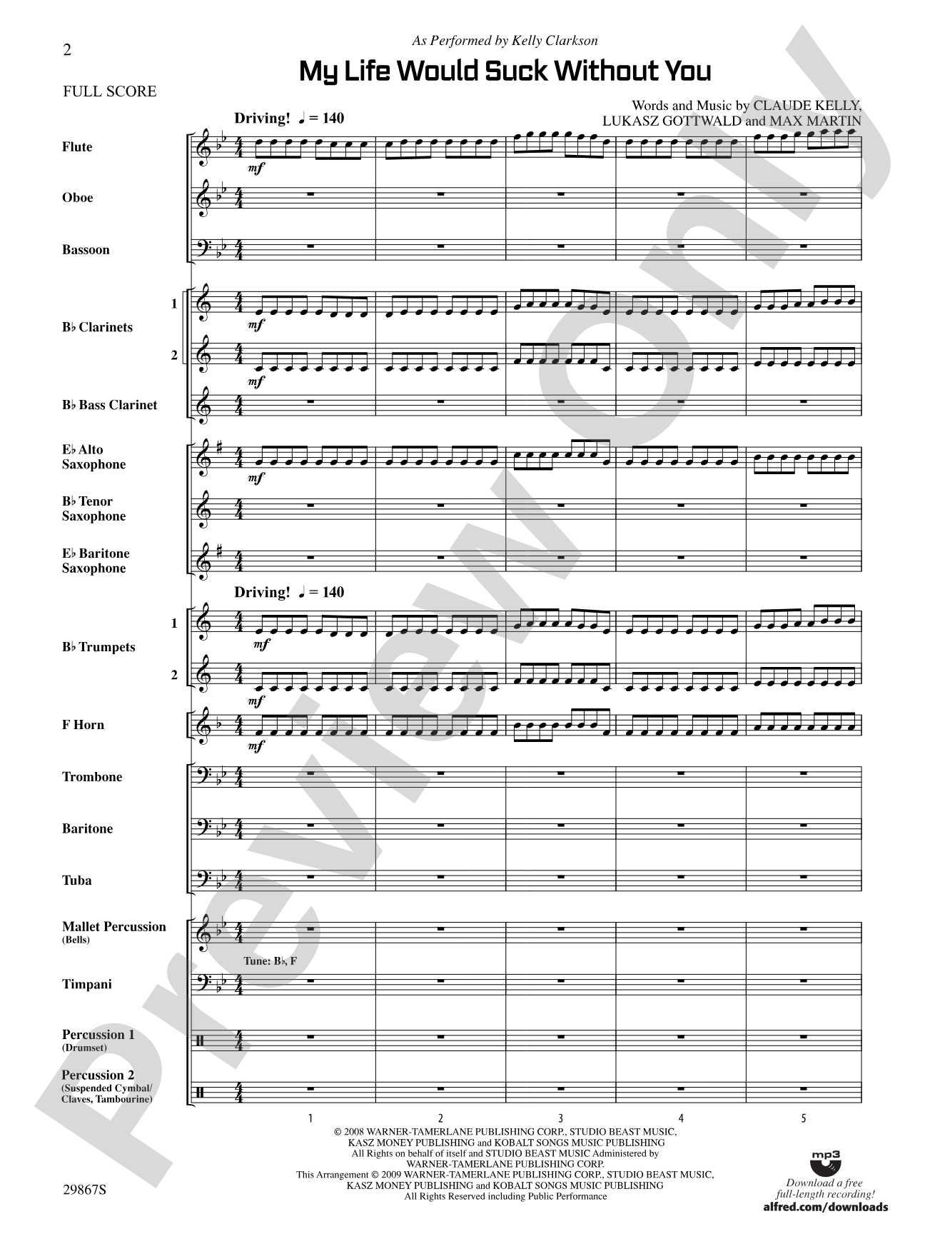 My Life Would Suck Without You: Concert Band Conductor Score & Parts