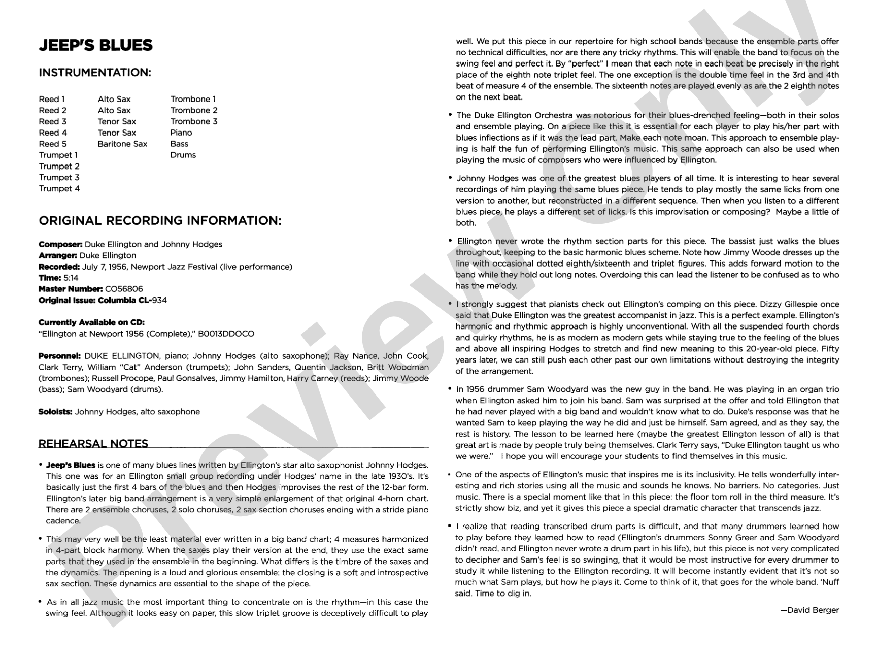Jeep's Blues: Jazz Ensemble Conductor Score & Parts