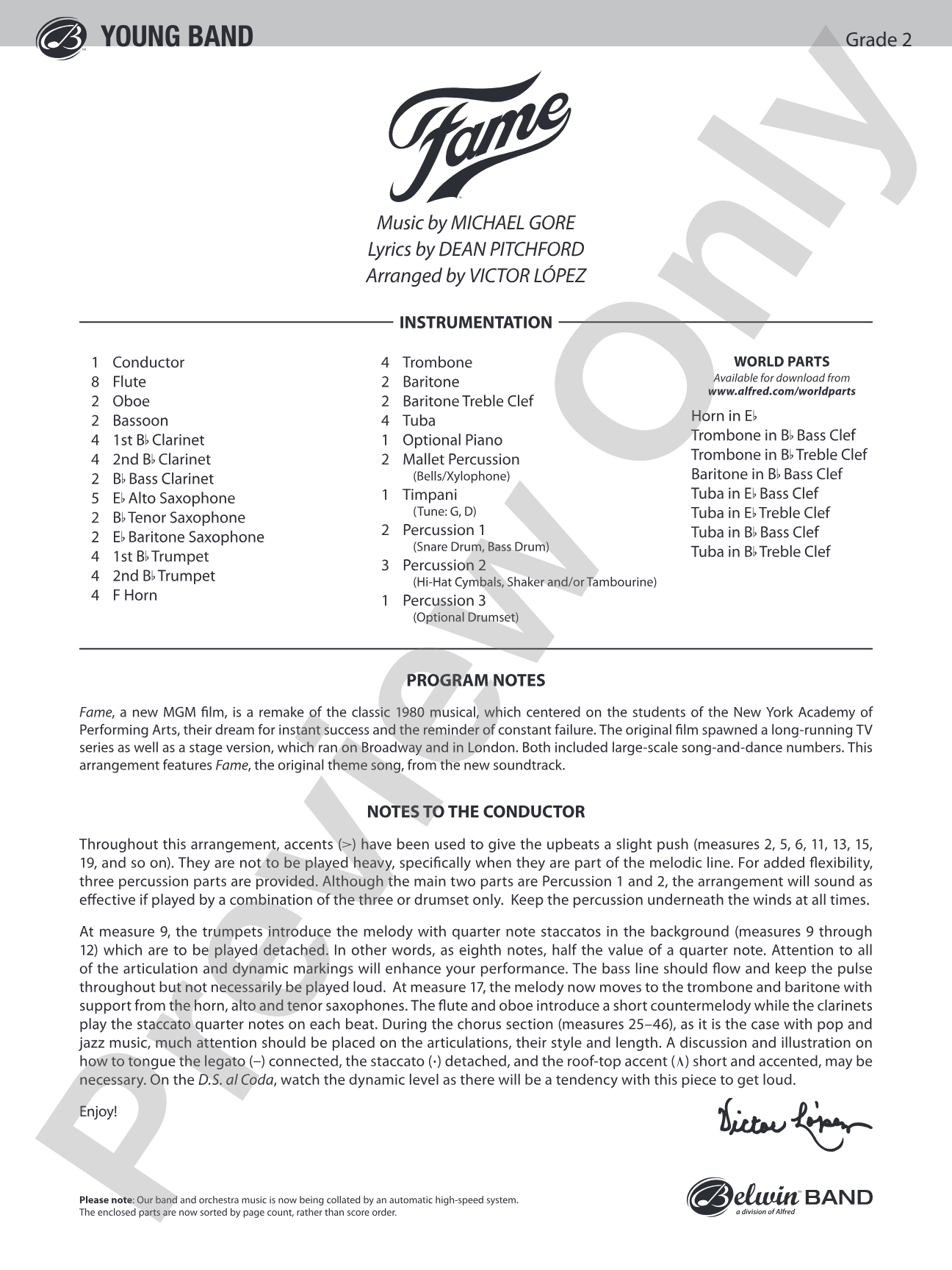 Fame (from the motion picture Fame): Concert Band Conductor Score & Parts