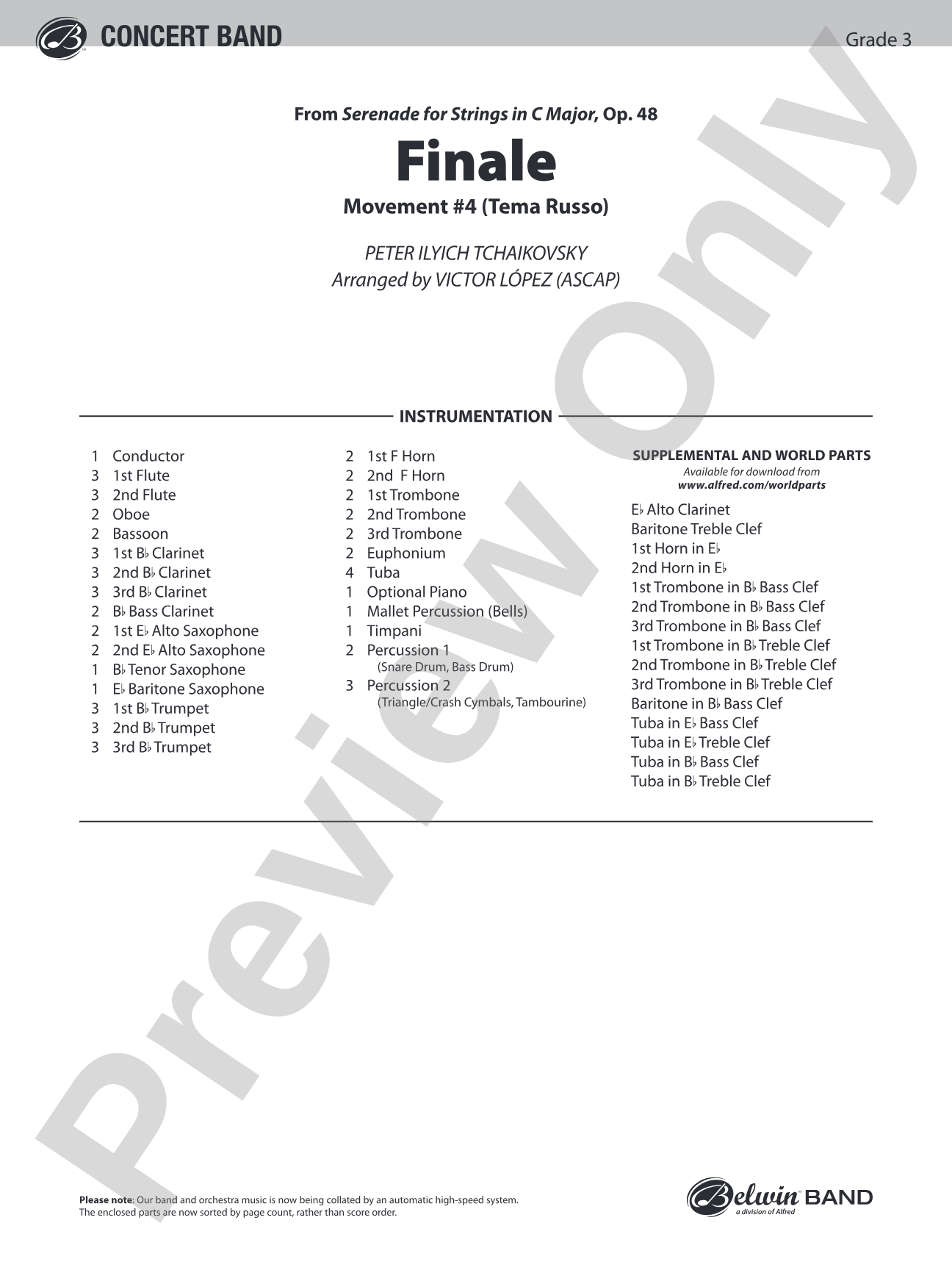 Finale (from Serenade for Strings in C Major, Op. 48, Movement #4 (Terma Russo)): Concert Band Conductor Score & Parts