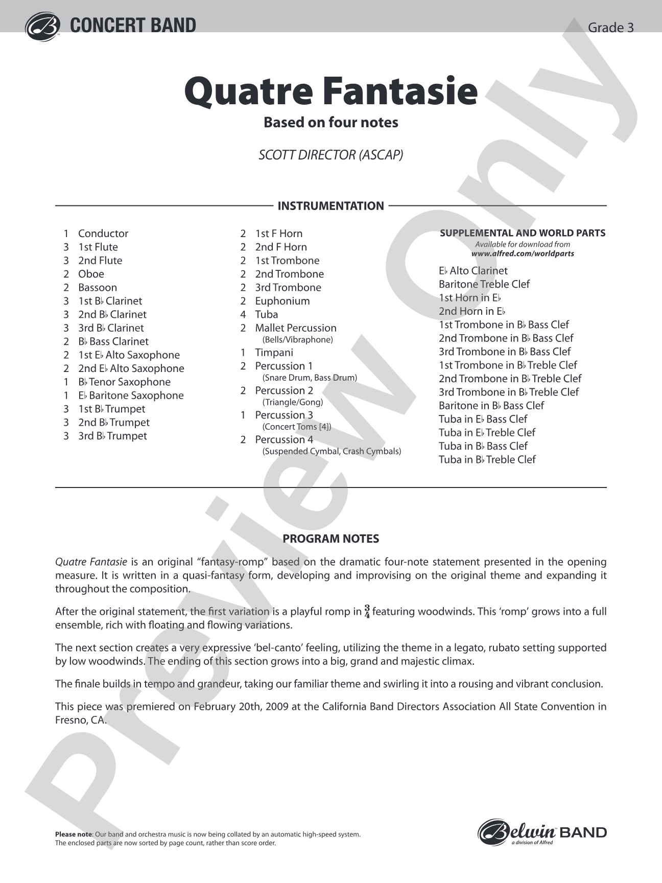 Quatre Fantasie: Concert Band Conductor Score & Parts