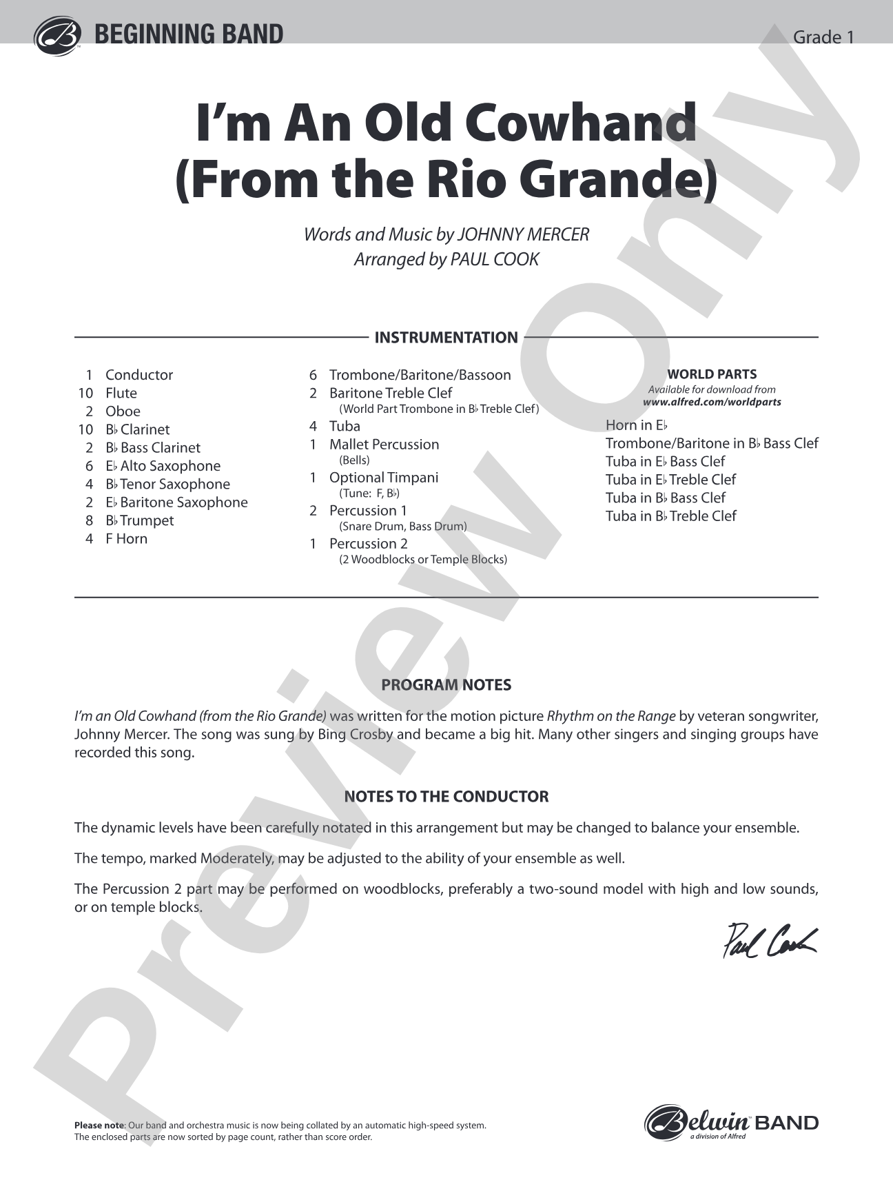 I'm an Old Cowhand (from the Rio Grande): Concert Band Conductor Score & Parts
