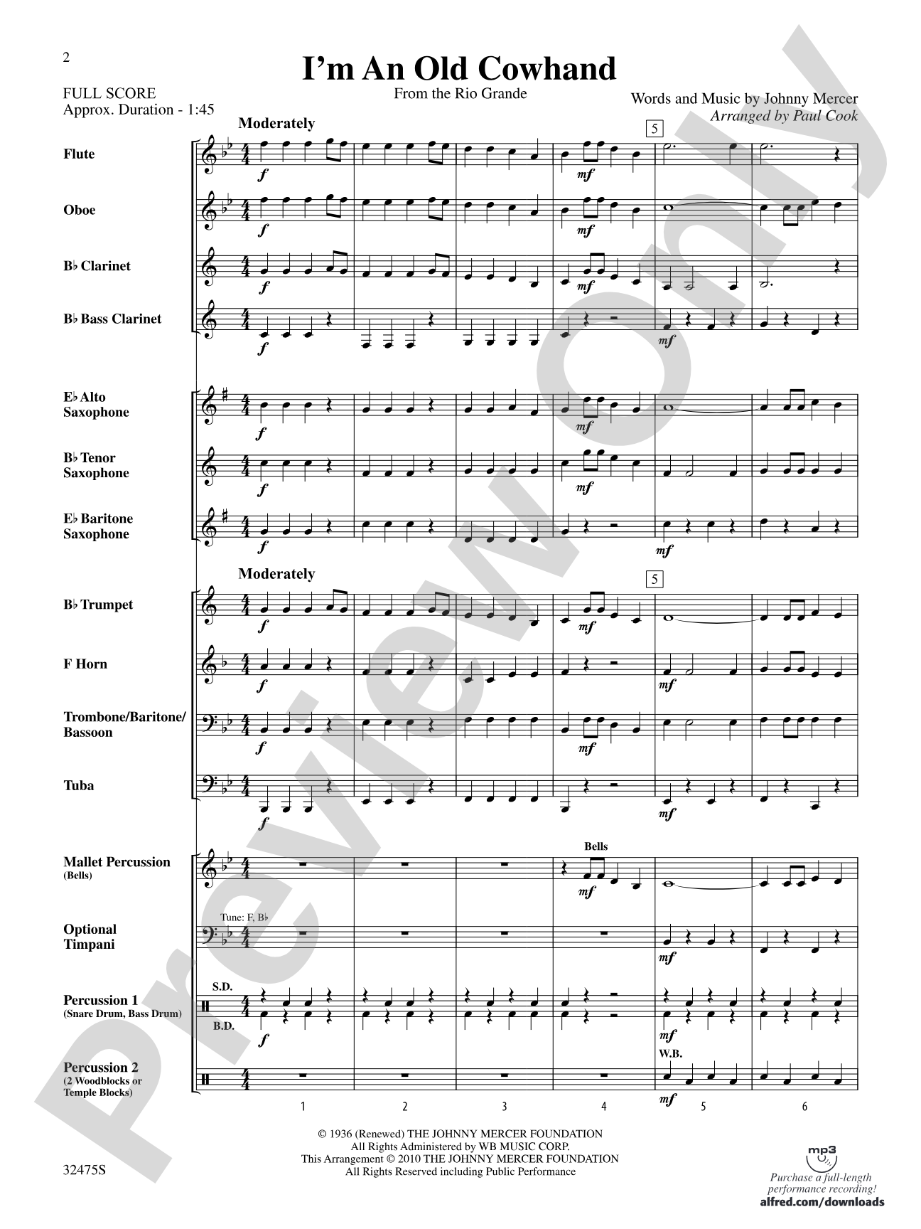 I'm an Old Cowhand (from the Rio Grande): Concert Band Conductor Score & Parts