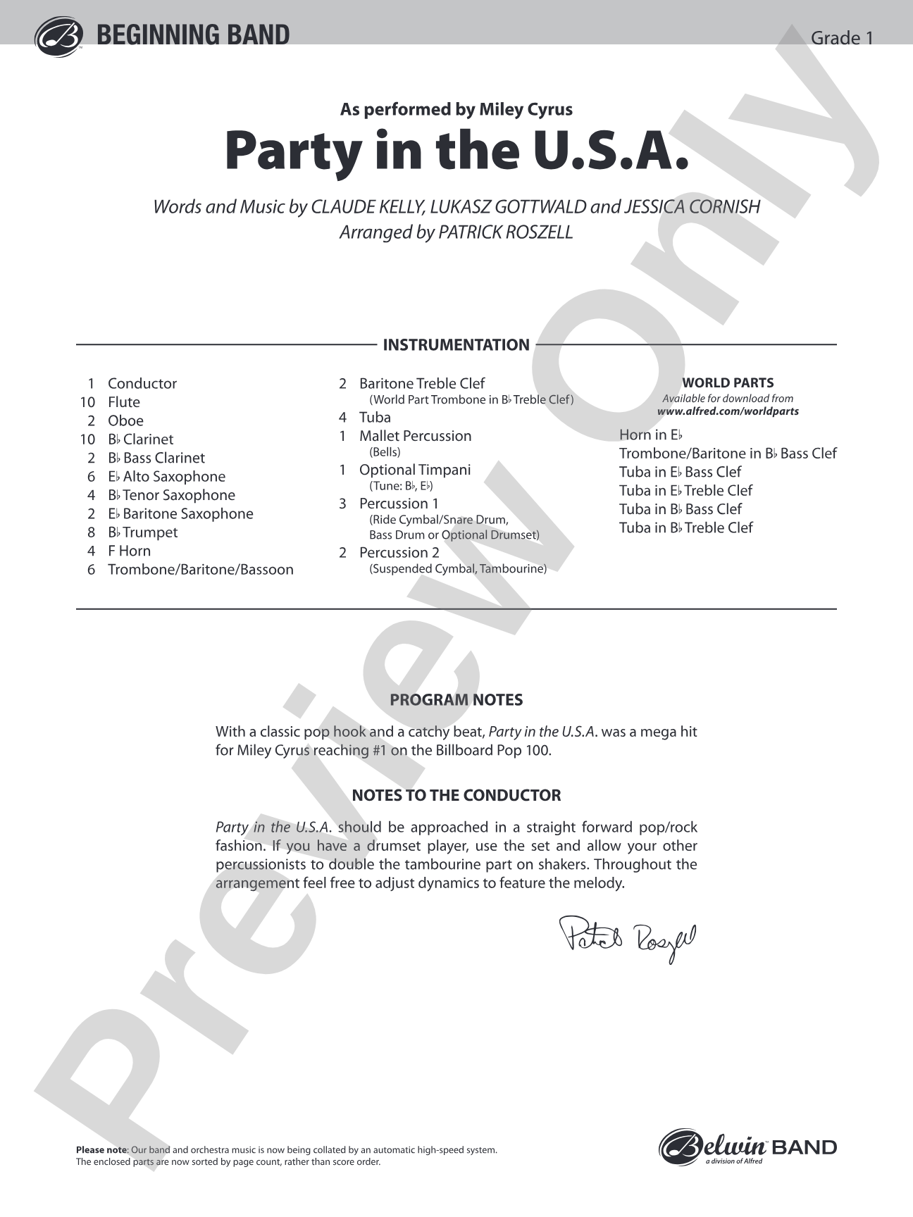 Party in the U.S.A.: Concert Band Conductor Score & Parts