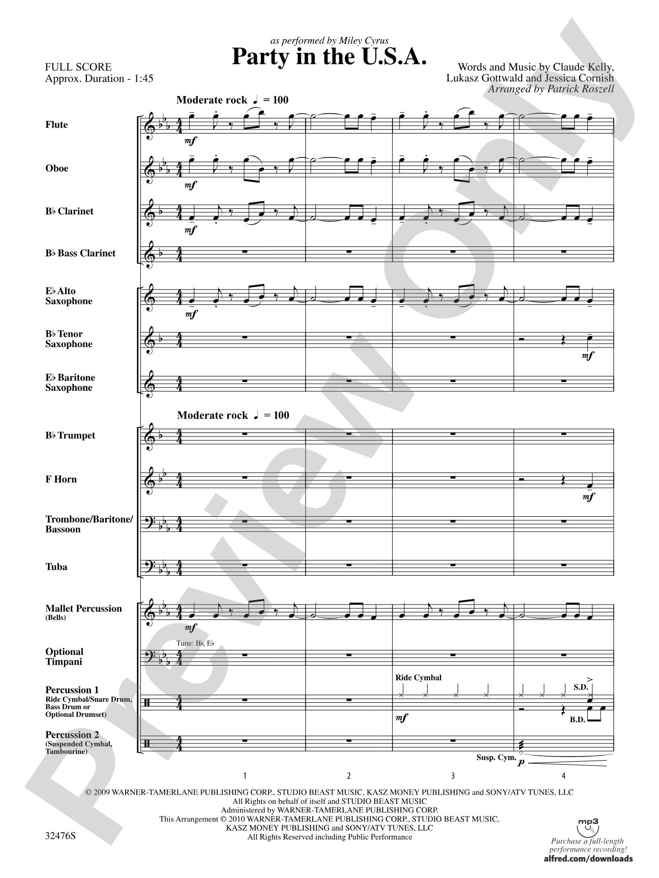 Party in the U.S.A.: Concert Band Conductor Score & Parts