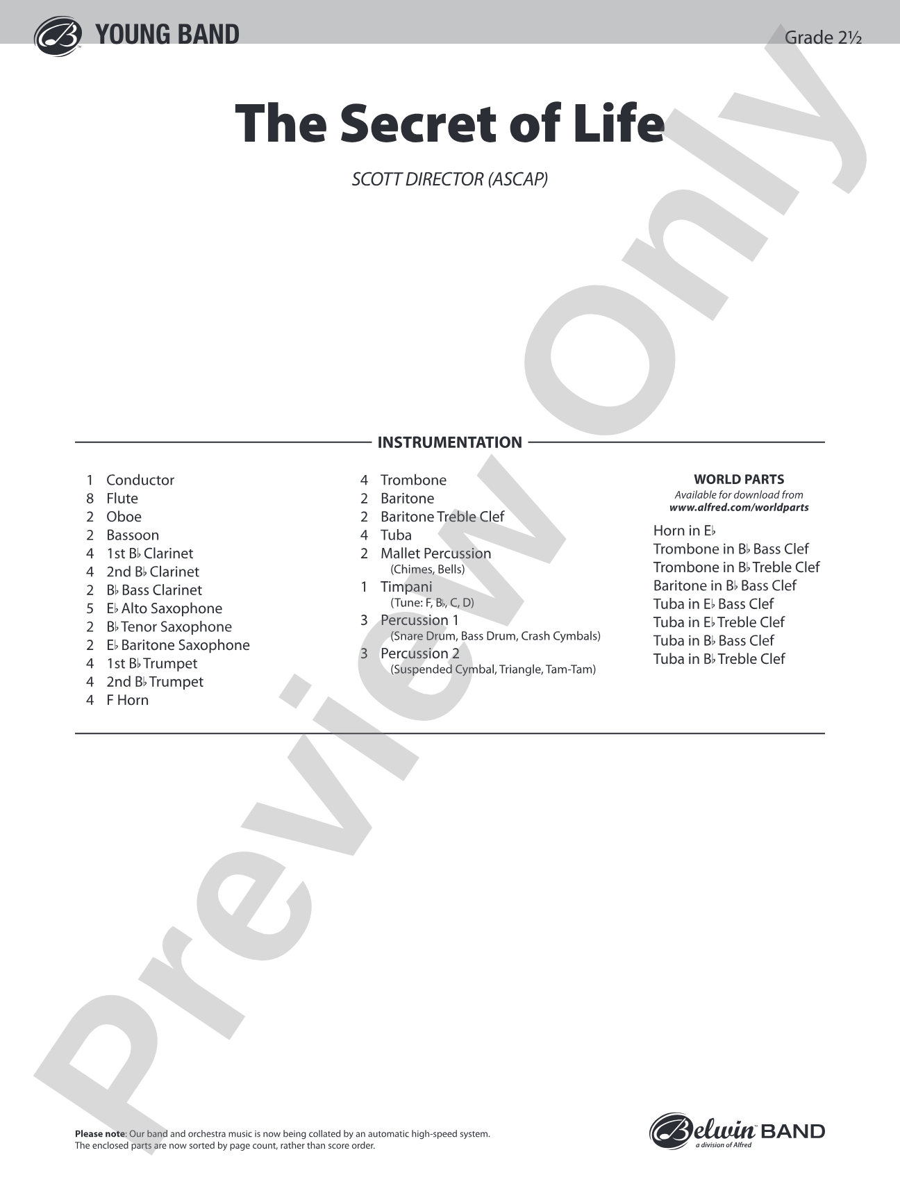 The Secret of Life: Concert Band Conductor Score & Parts