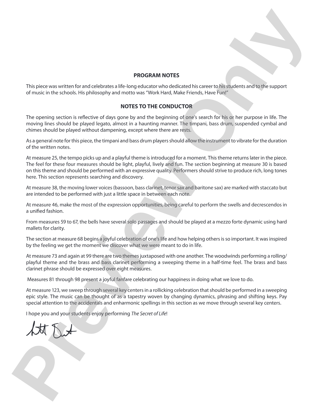 The Secret of Life: Concert Band Conductor Score & Parts