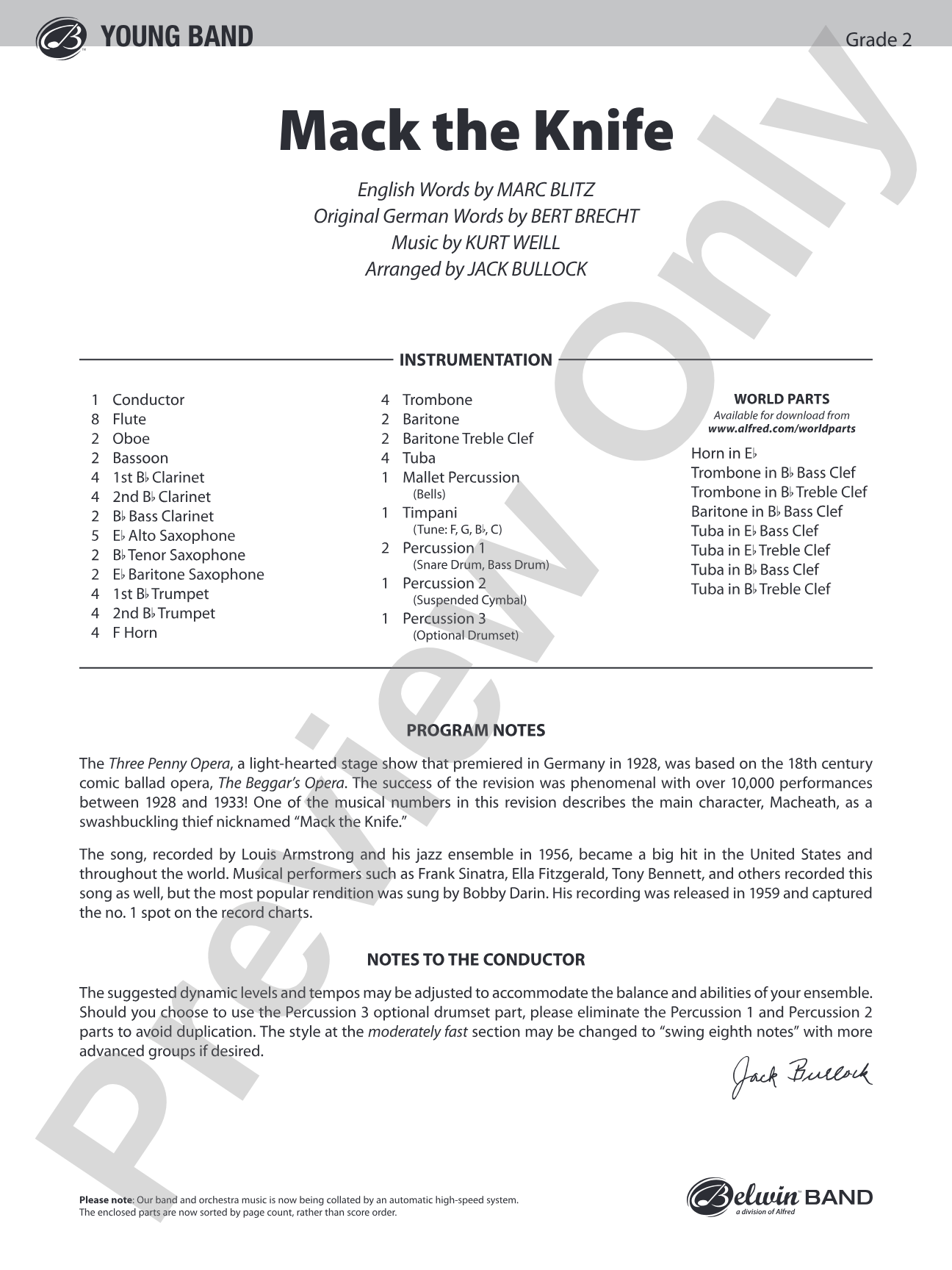 Mack the Knife: Concert Band Conductor Score & Parts