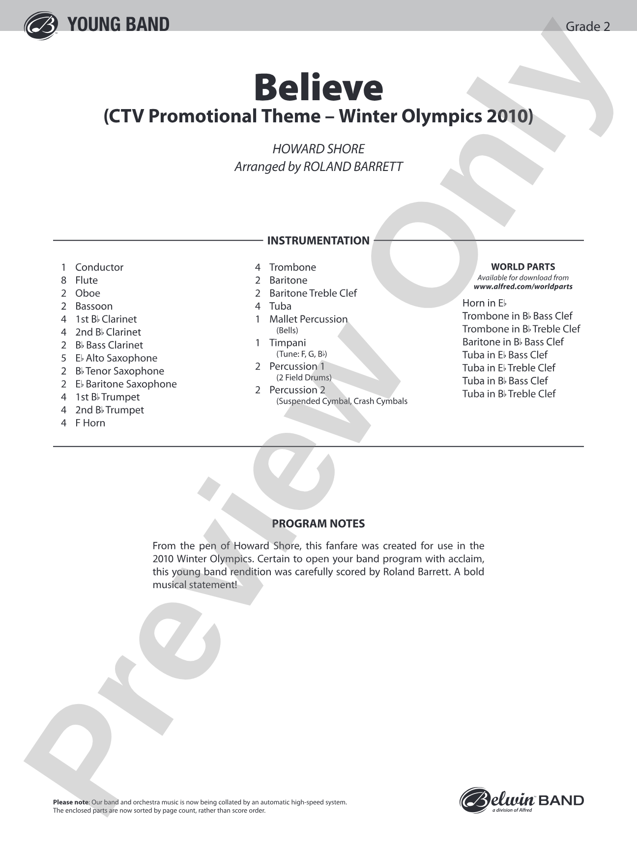Believe (Winter Olympics 2010): Concert Band Conductor Score & Parts