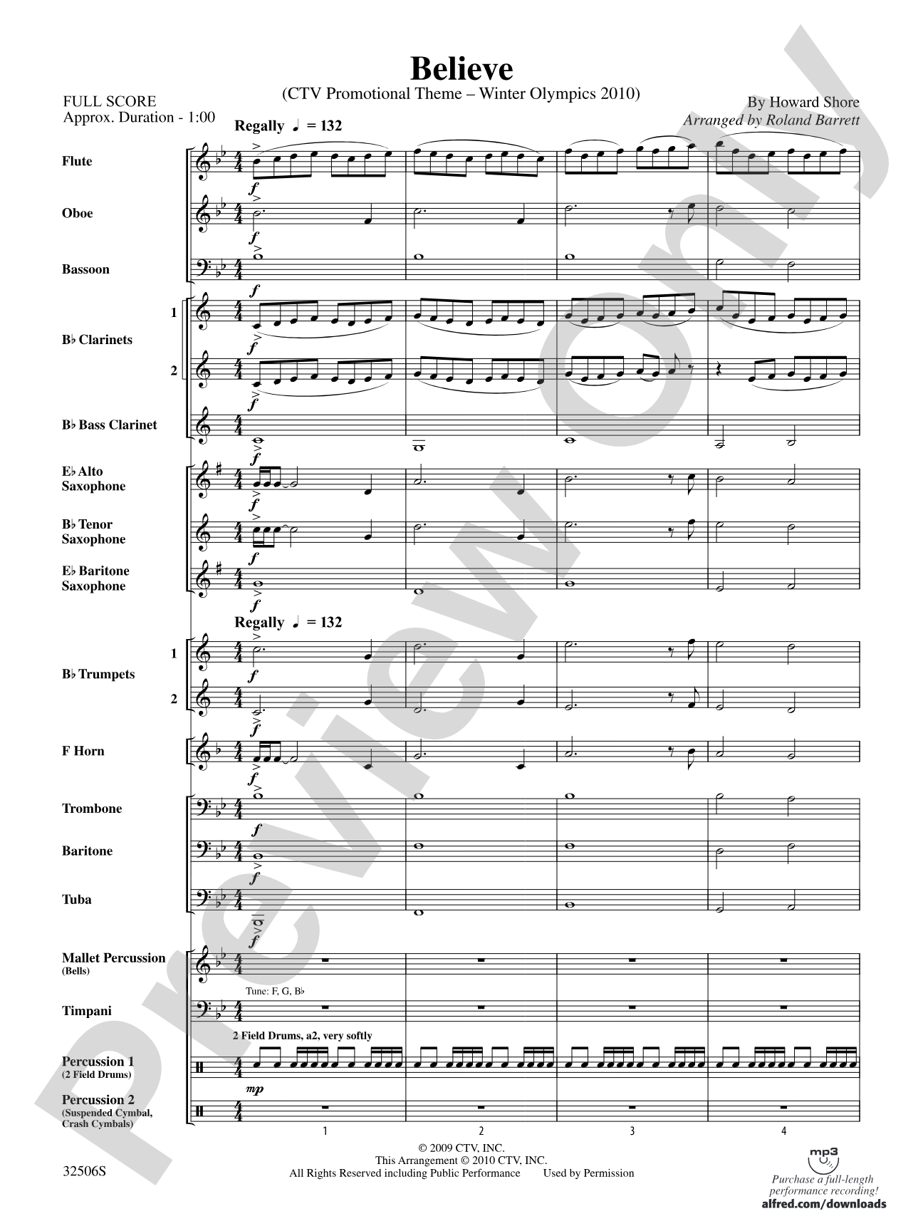 Believe (Winter Olympics 2010): Concert Band Conductor Score & Parts