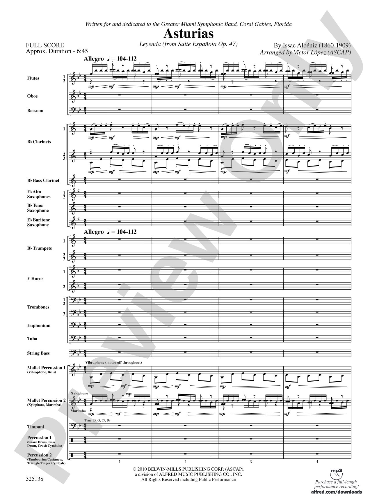 Asturias: Concert Band Conductor Score & Parts