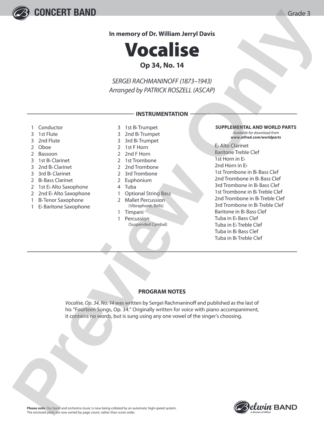 Vocalise, Op. 34, No. 14: Concert Band Conductor Score & Parts