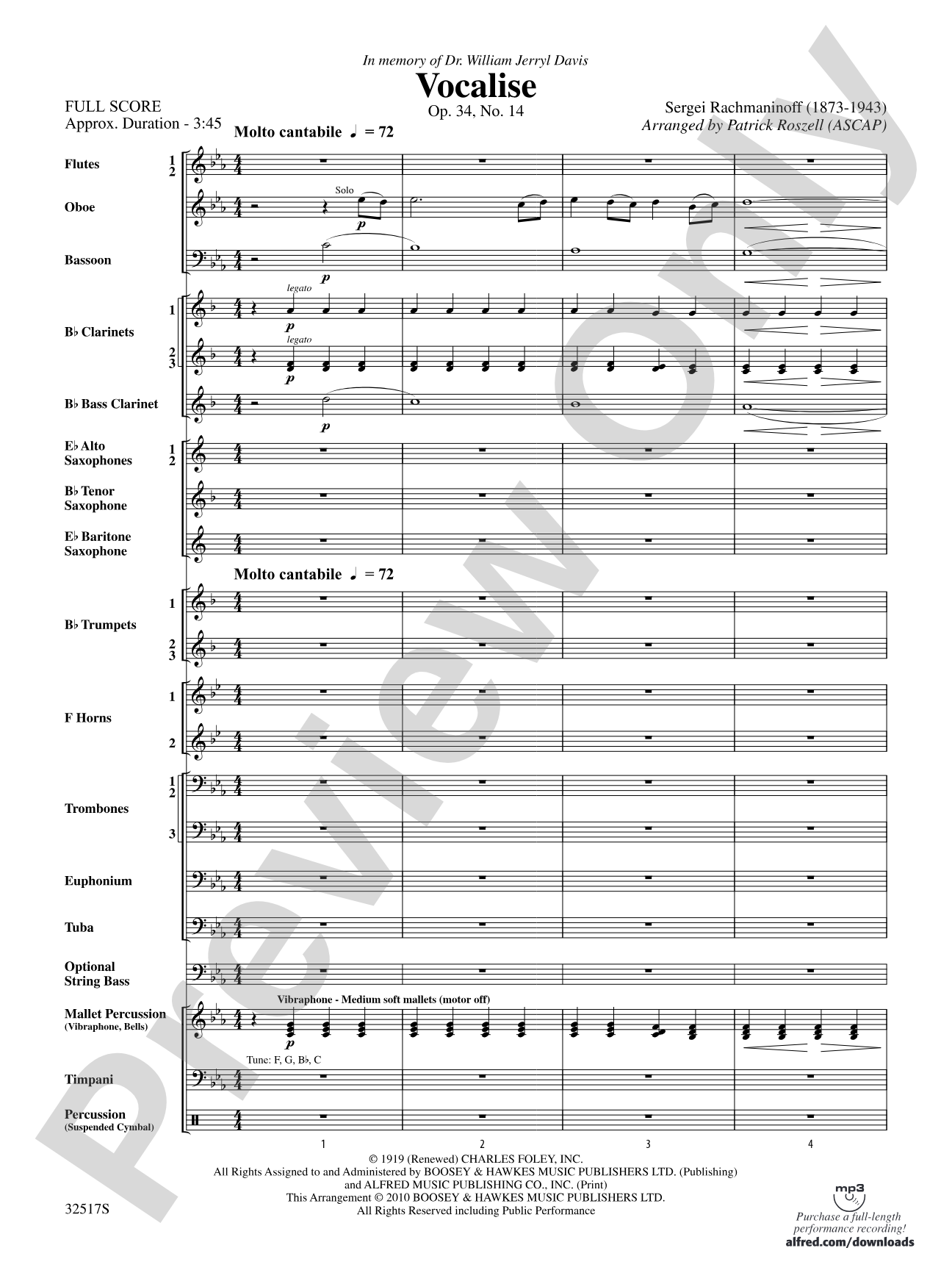 Vocalise, Op. 34, No. 14: Concert Band Conductor Score & Parts