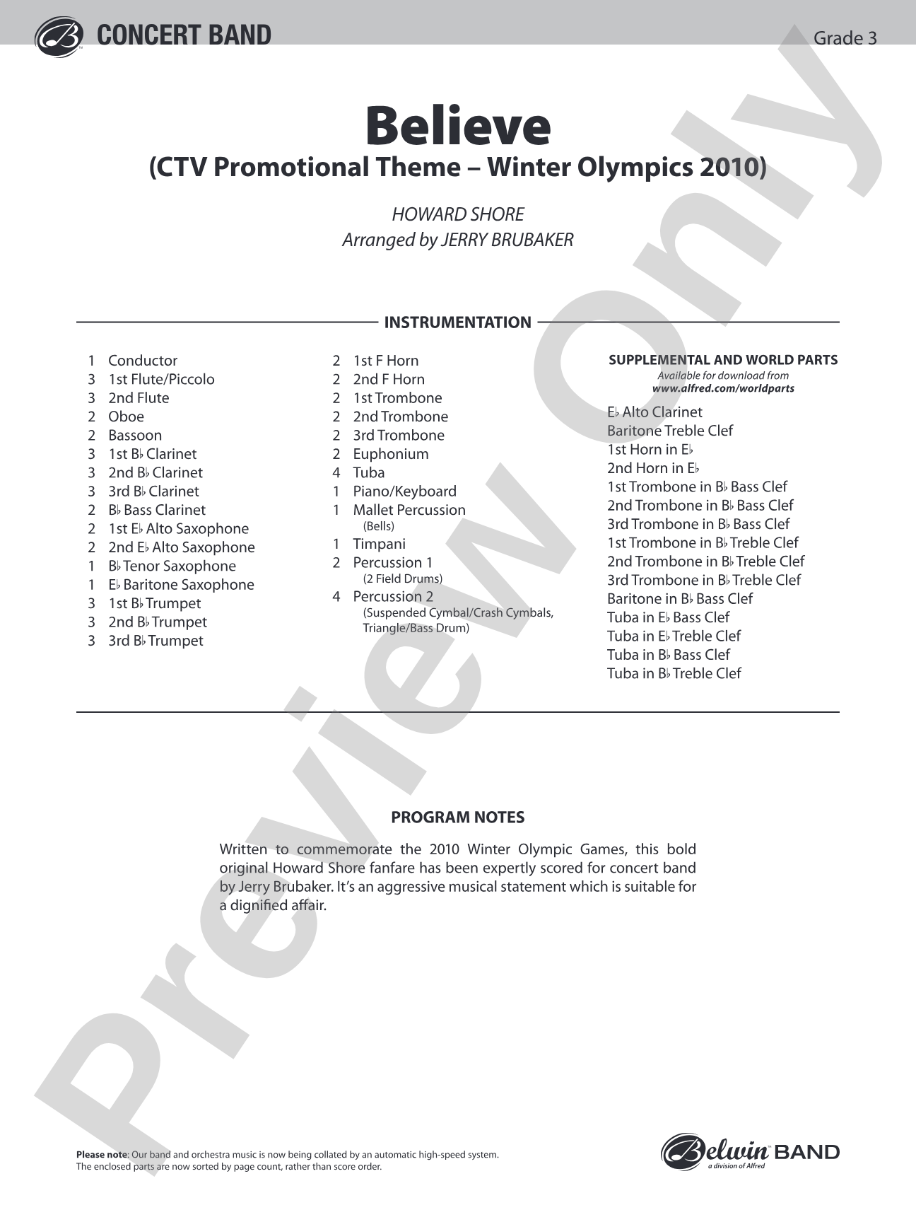 Believe (Winter Olympics 2010): Concert Band Conductor Score & Parts