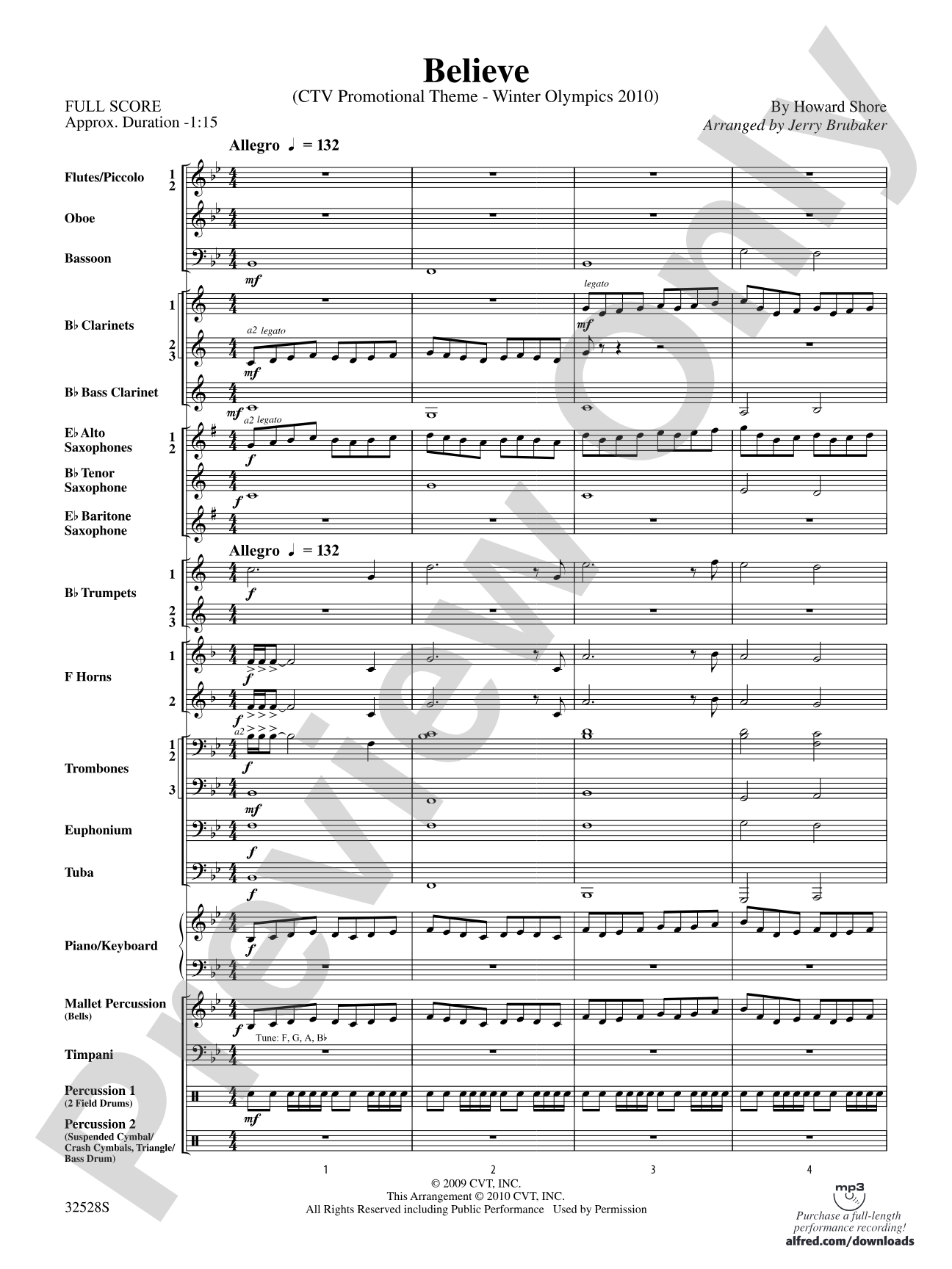 Believe (Winter Olympics 2010): Concert Band Conductor Score & Parts
