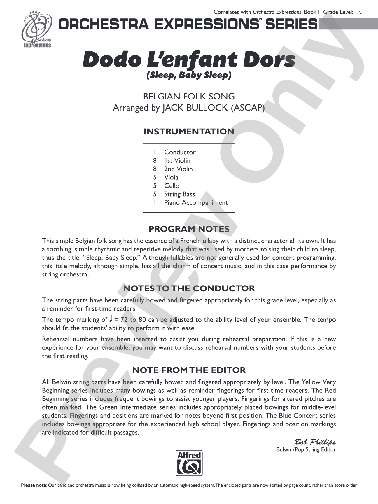 Dodo L'enfant Dors (Sleep, Baby Sleep): String Orchestra Conductor Score & Parts
