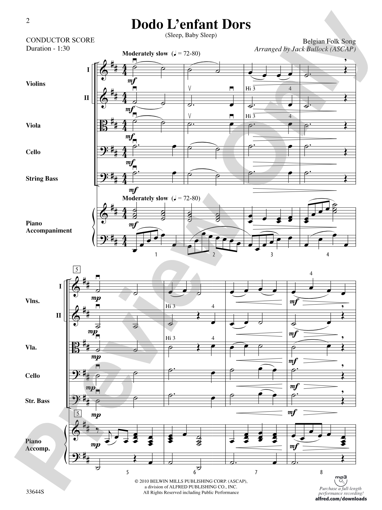 Dodo L'enfant Dors (Sleep, Baby Sleep): String Orchestra Conductor Score & Parts