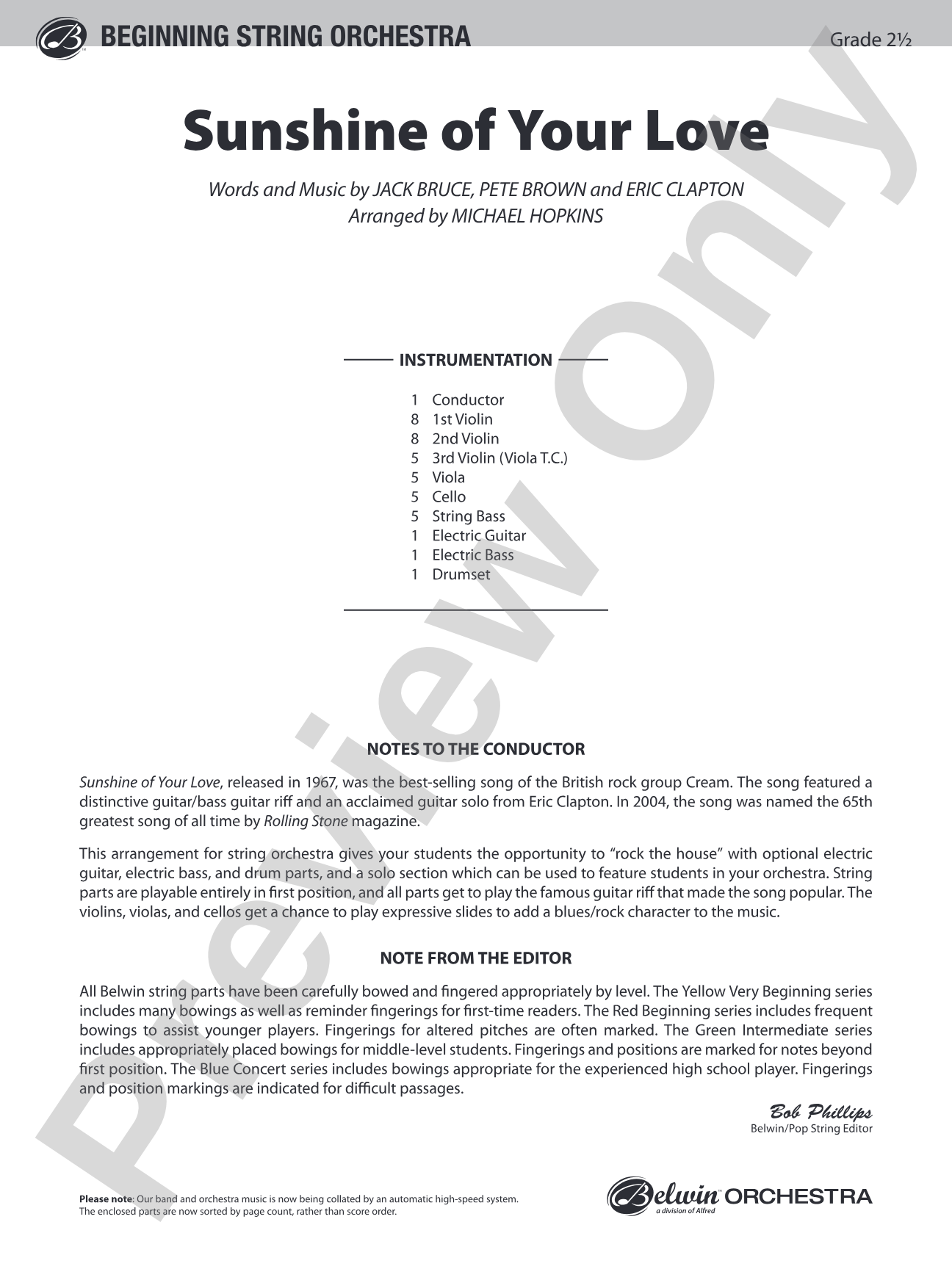 Sunshine of Your Love: String Orchestra Conductor Score & Parts