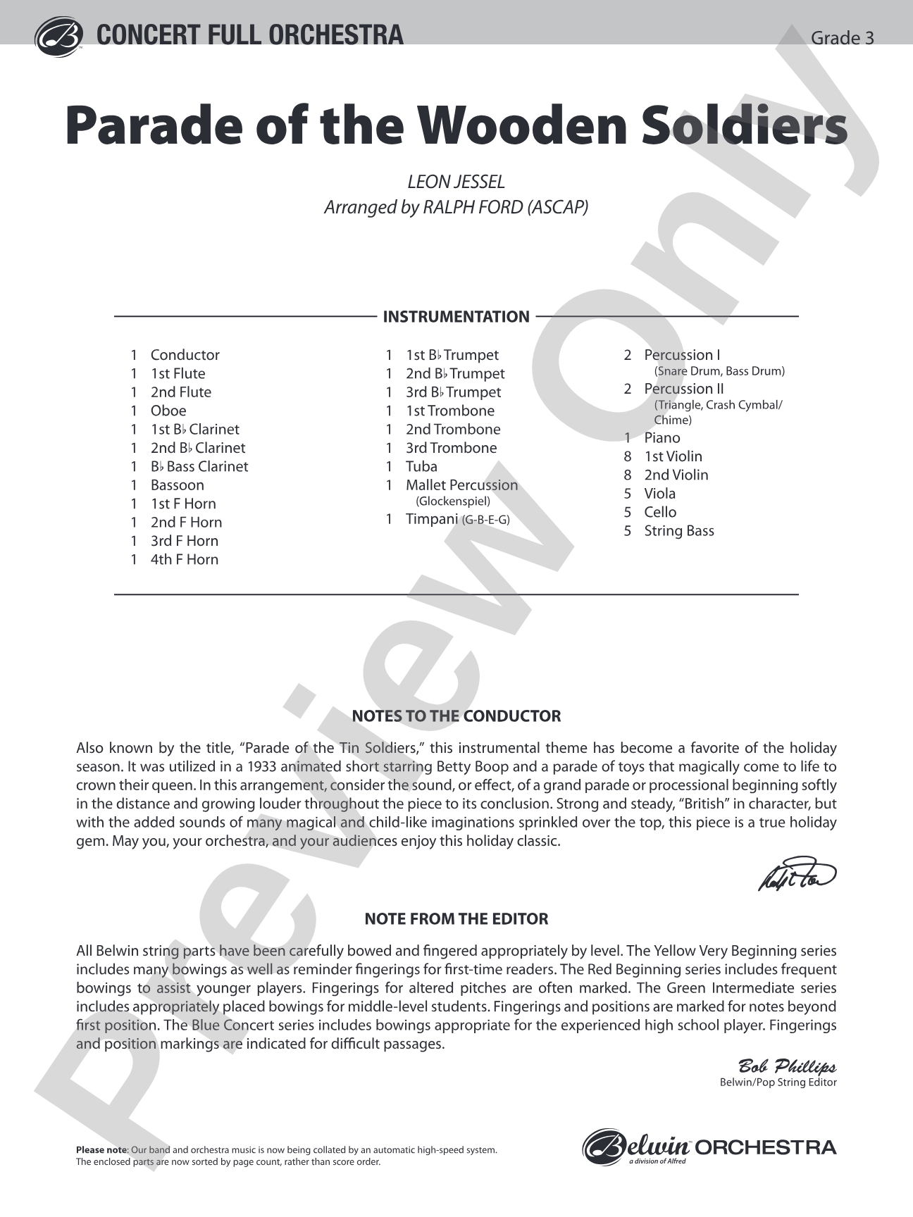 Parade of the Wooden Soldiers: Full Orchestra Conductor Score & Parts