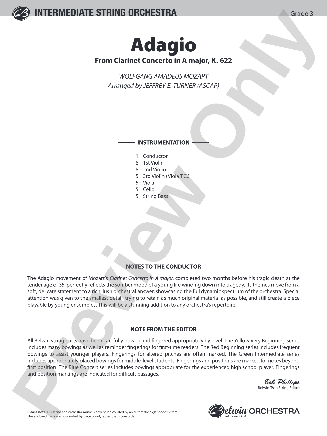 Adagio (from Clarinet Concerto in A Major, K. 622): String Orchestra Conductor Score & Parts