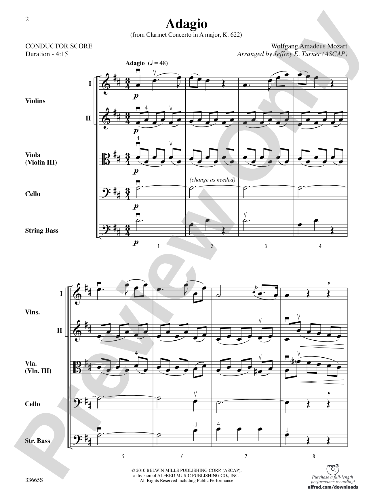 Adagio (from Clarinet Concerto in A Major, K. 622): String Orchestra Conductor Score & Parts