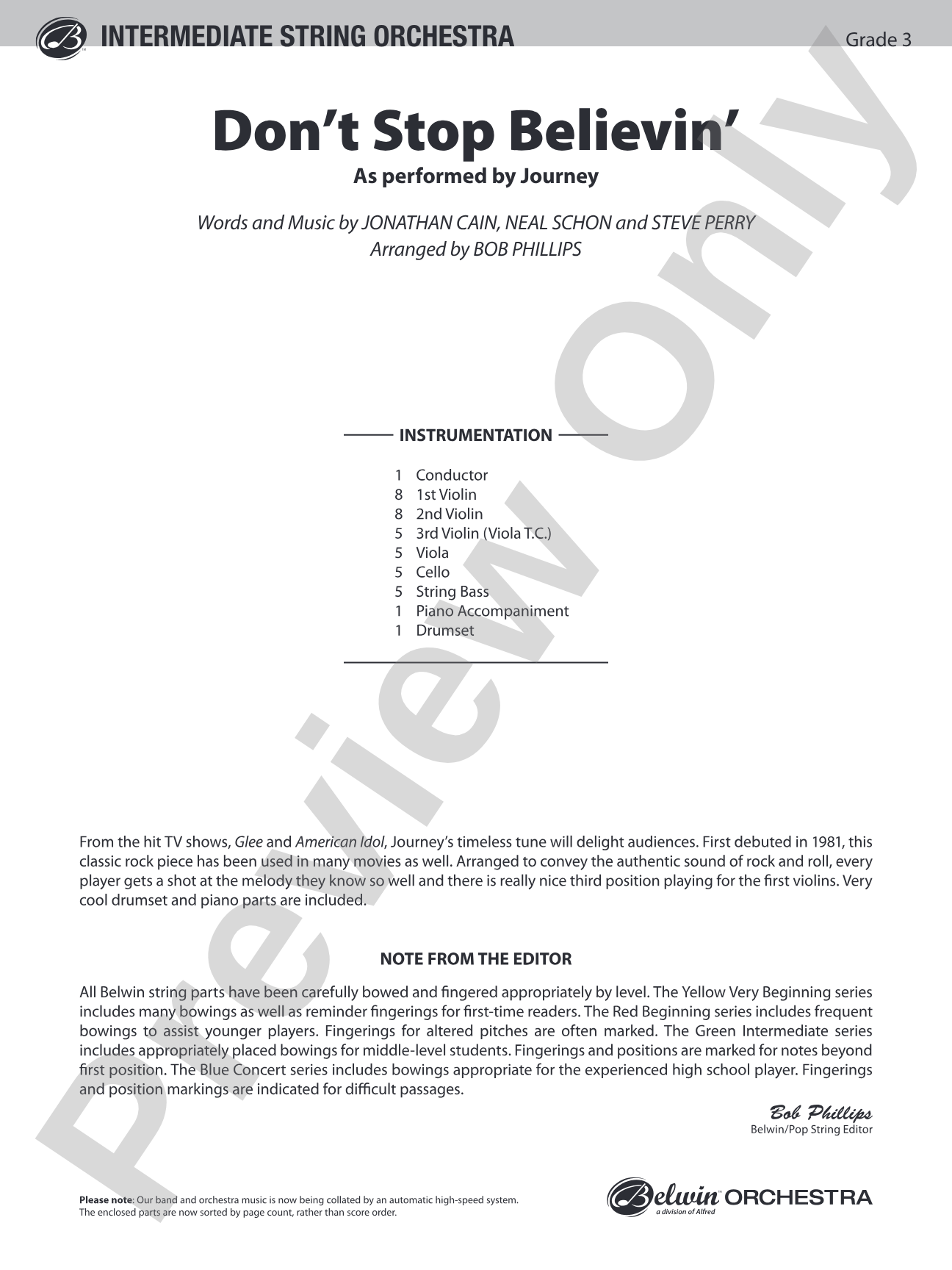 Don't Stop Believin': String Orchestra Conductor Score & Parts