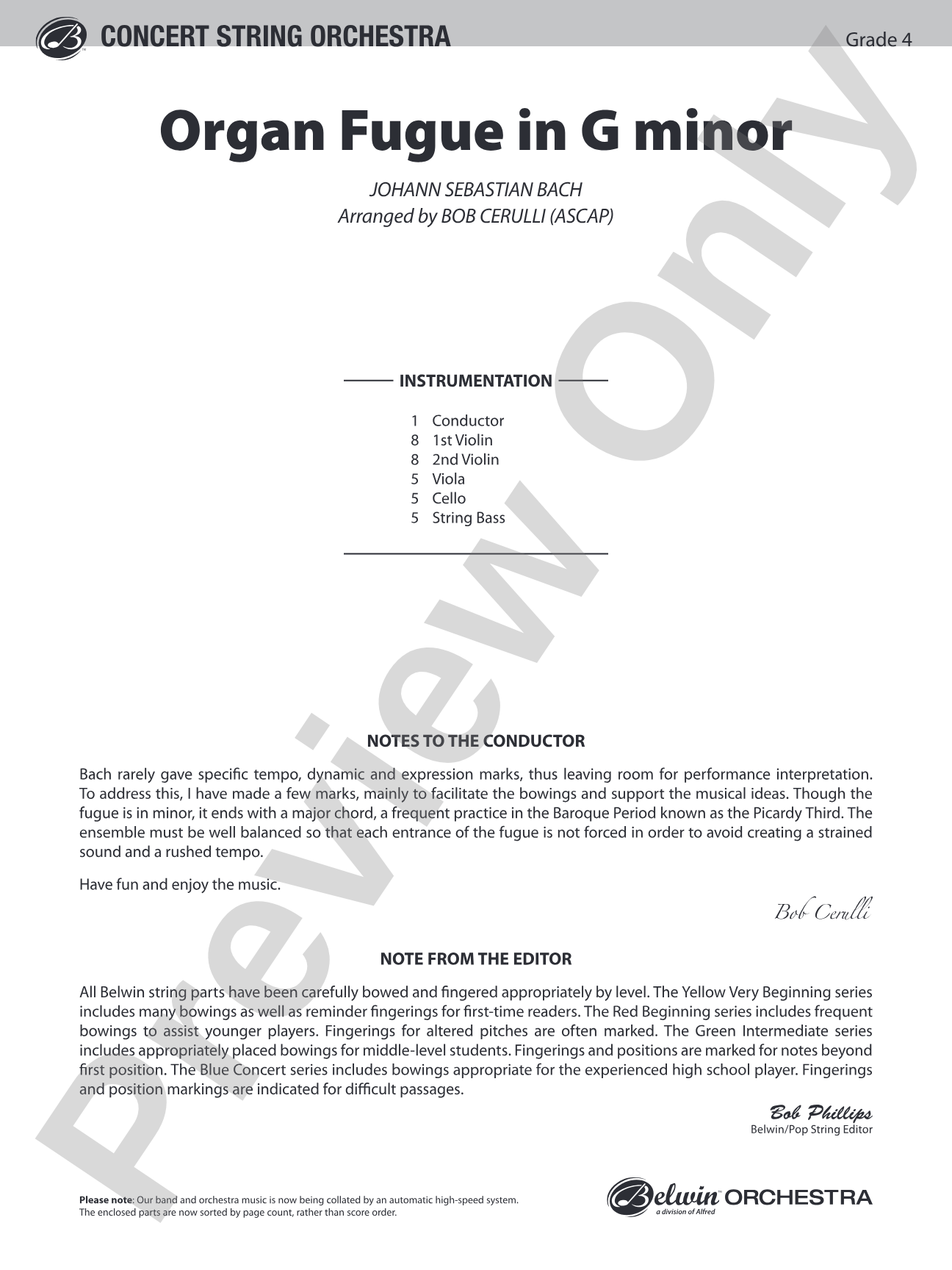 Organ Fugue in G Minor: String Orchestra Conductor Score & Parts