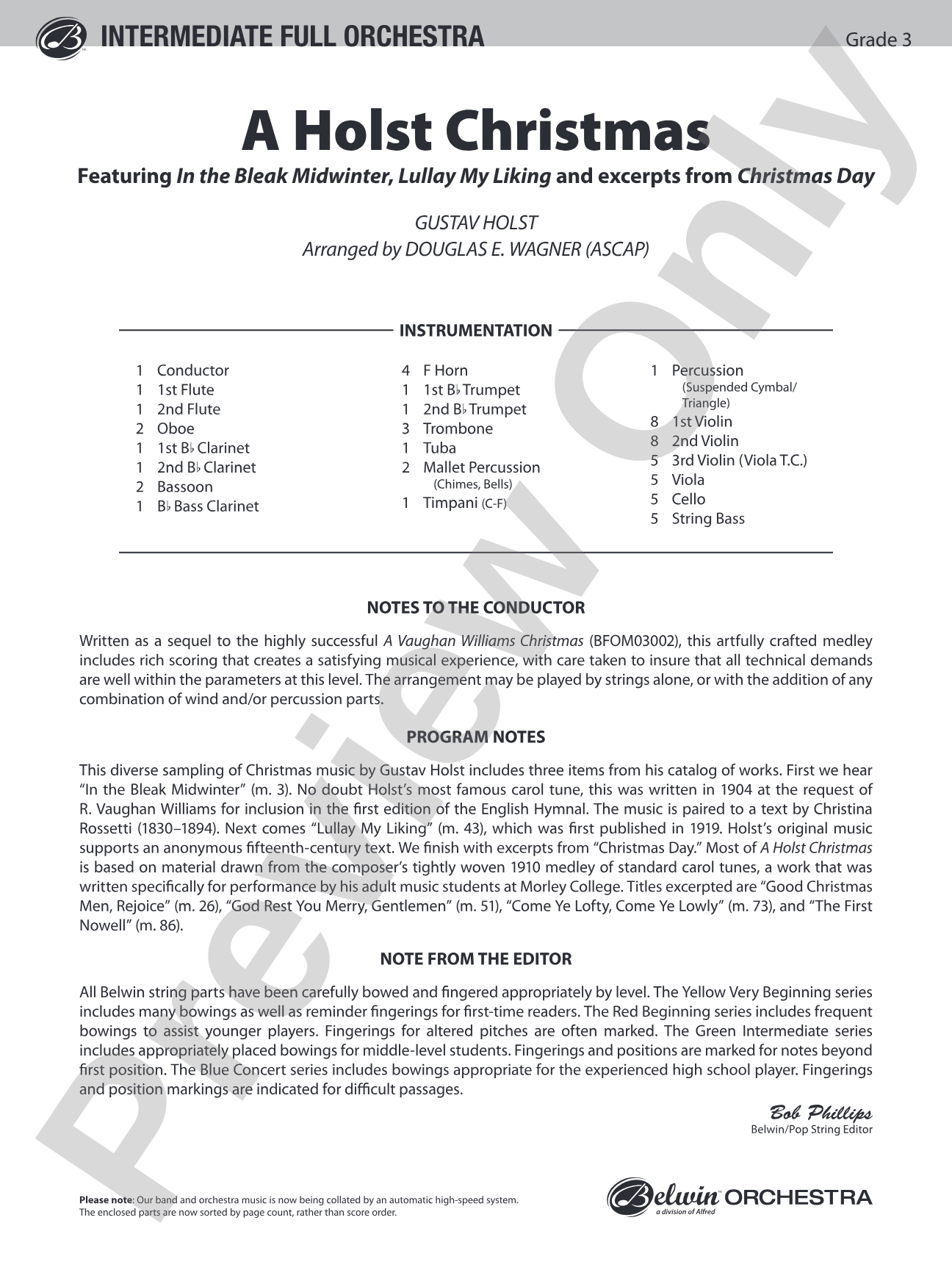 A Holst Christmas: Full Orchestra Conductor Score & Parts