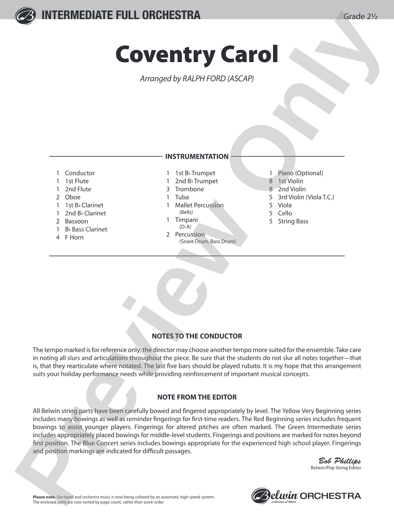 Coventry Carol: Full Orchestra Conductor Score & Parts