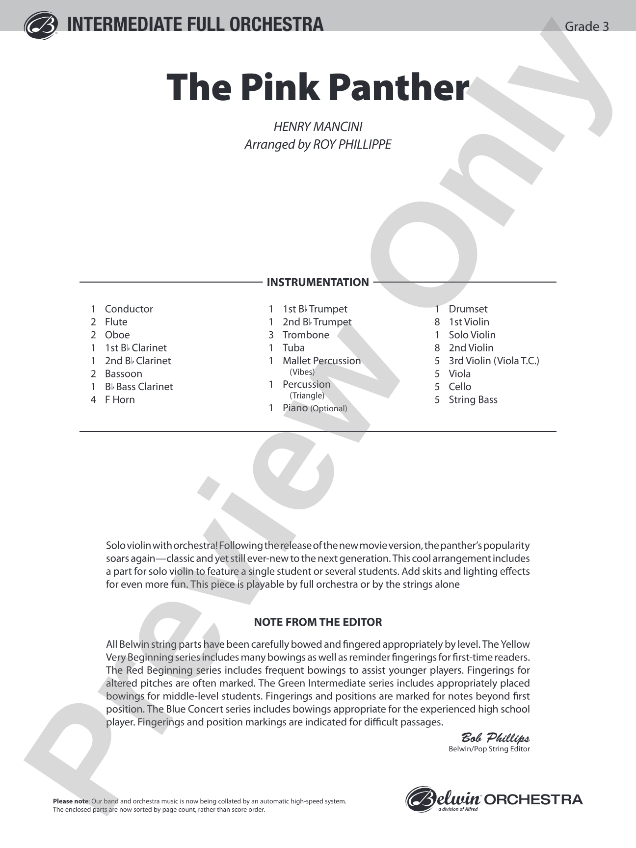 The Pink Panther: Full Orchestra Conductor Score & Parts
