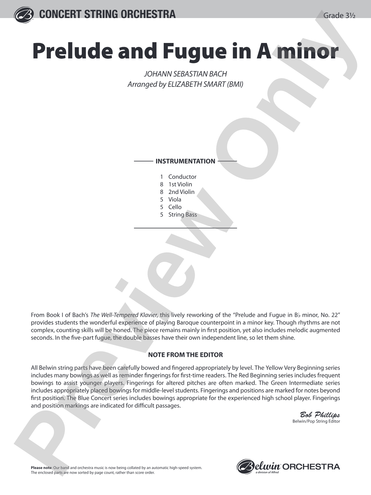 Prelude and Fugue in A Minor: String Orchestra Conductor Score & Parts