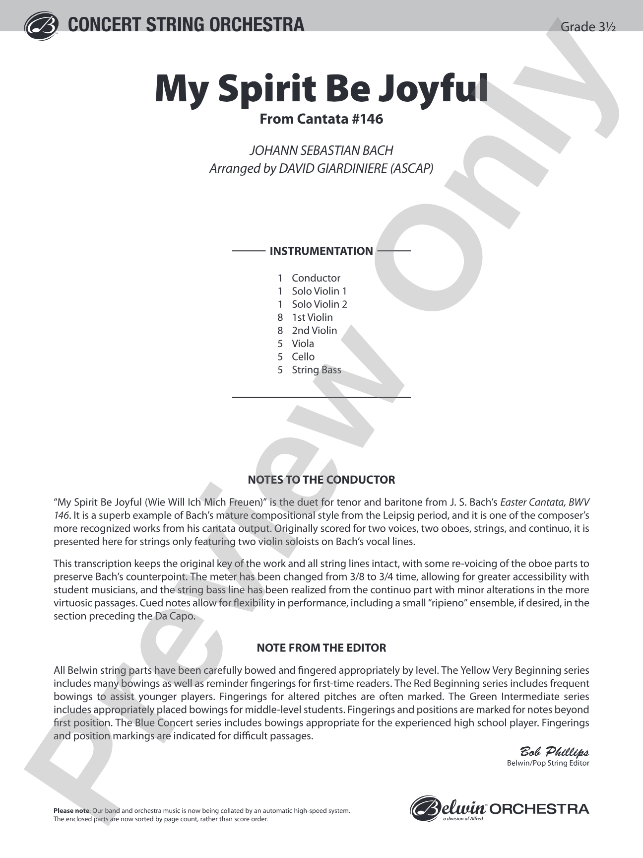 My Spirit Be Joyful (from Cantata No. 146): String Orchestra Conductor Score & Parts