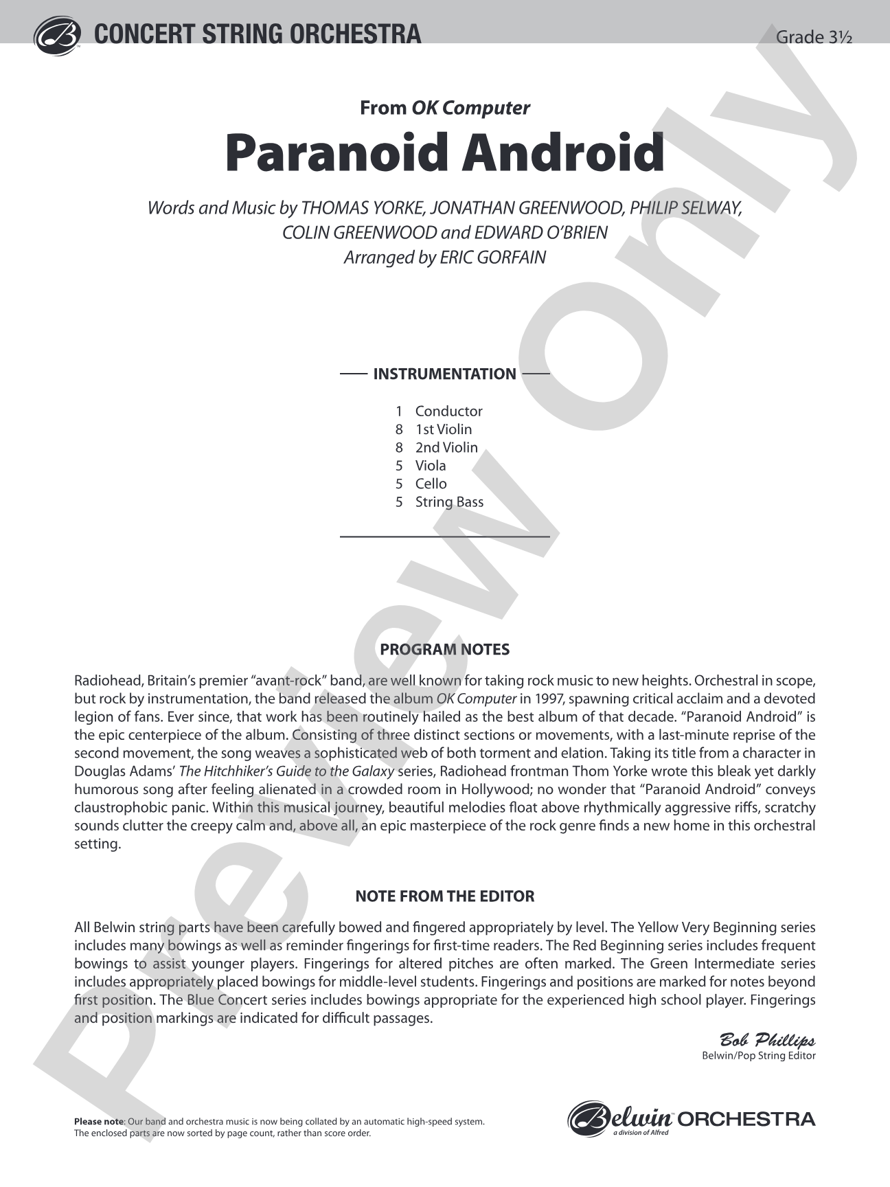 Paranoid Android (from OK Computer): String Orchestra Conductor Score & Parts