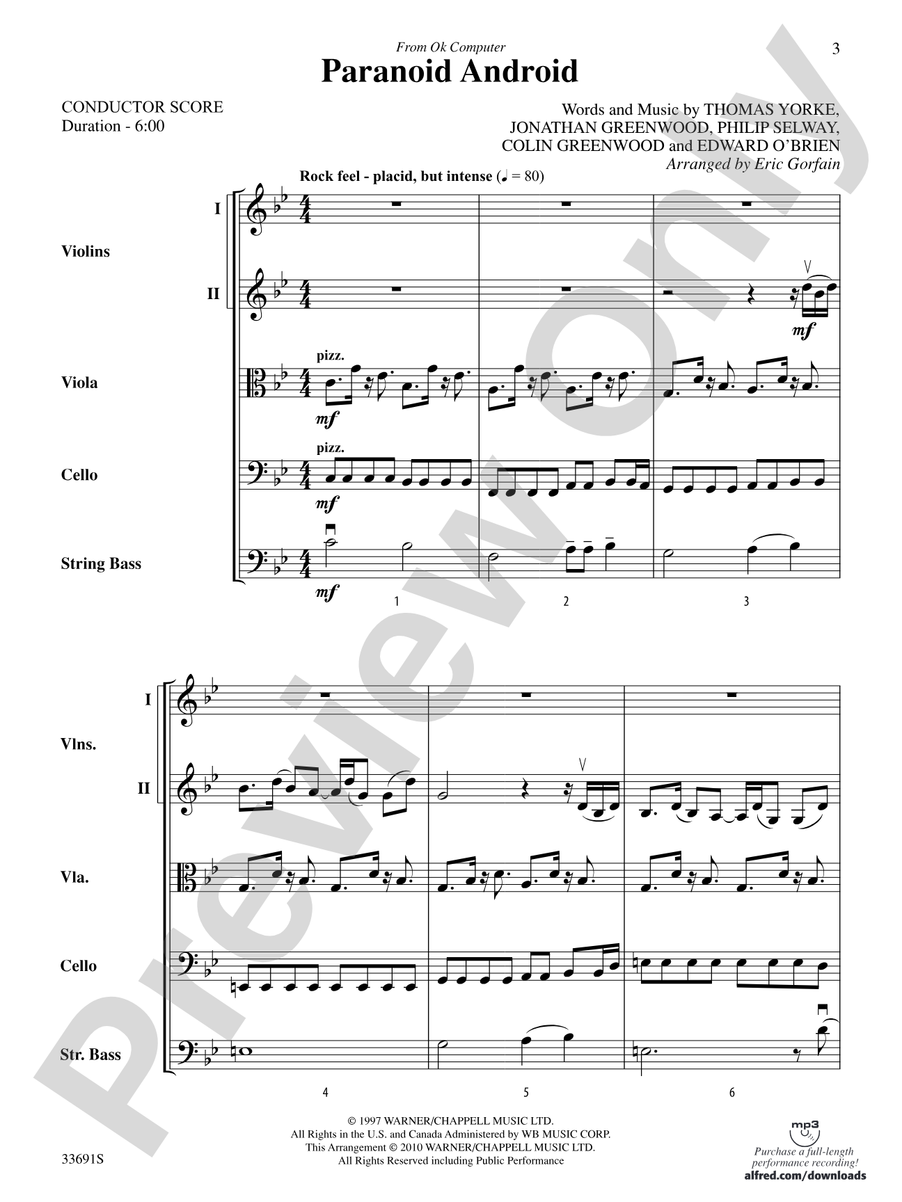 Paranoid Android (from OK Computer): String Orchestra Conductor Score & Parts