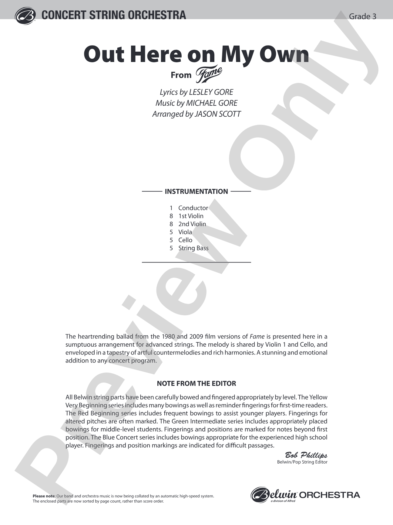 Out Here on My Own (from the motion picture Fame): String Orchestra Conductor Score & Parts