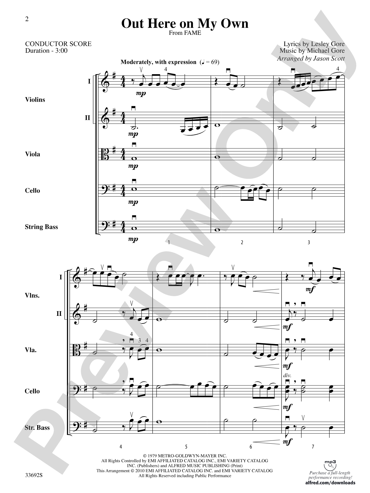 Out Here on My Own (from the motion picture Fame): String Orchestra Conductor Score & Parts