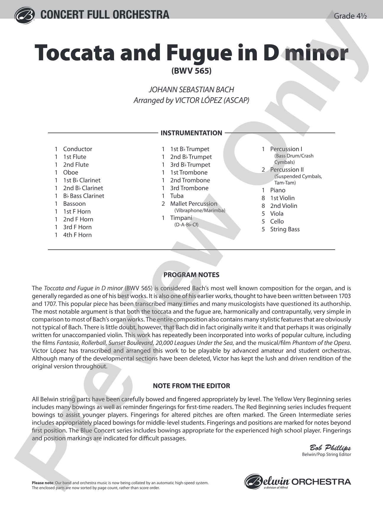 Toccata and Fugue in D Minor: Full Orchestra Conductor Score & Parts