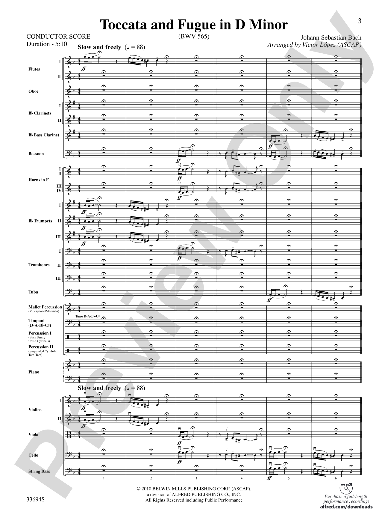 Toccata and Fugue in D Minor: Full Orchestra Conductor Score & Parts