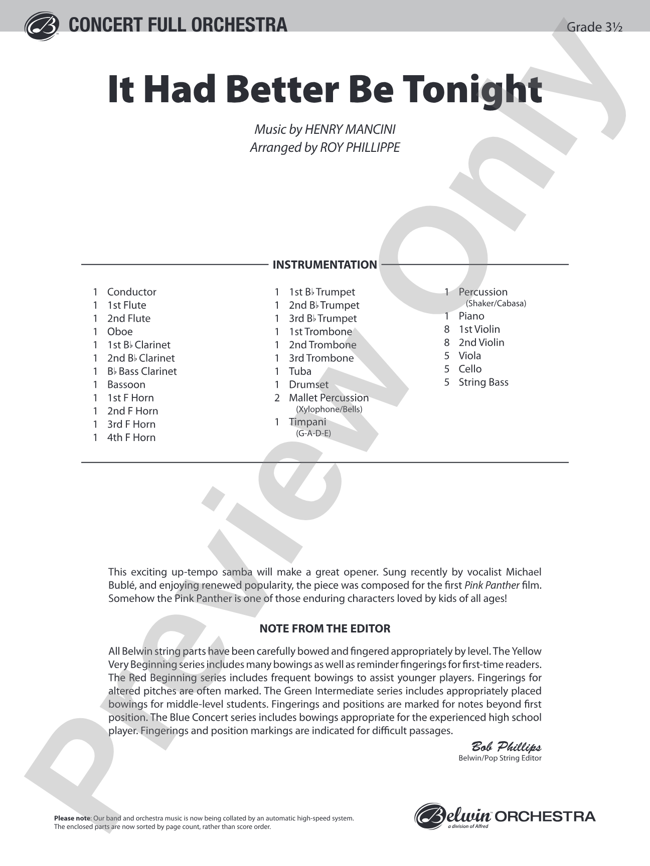 It Had Better Be Tonight (from The Pink Panther): Full Orchestra Conductor Score & Parts