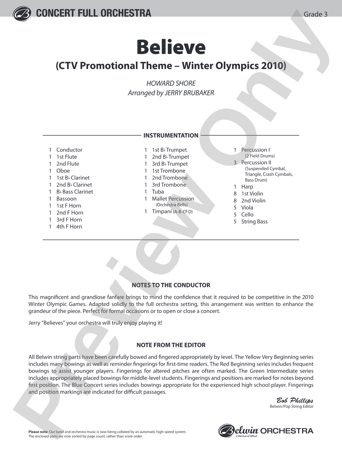 Believe (Winter Olympics 2010): Full Orchestra Conductor Score & Parts
