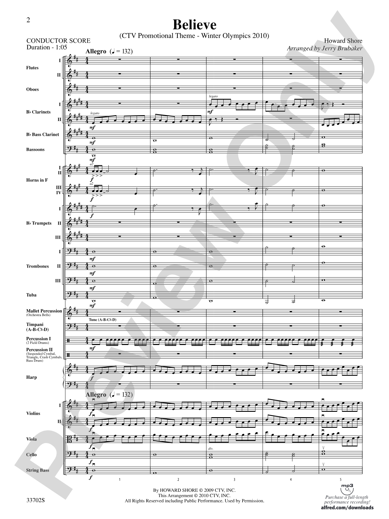 Believe (Winter Olympics 2010): Full Orchestra Conductor Score & Parts